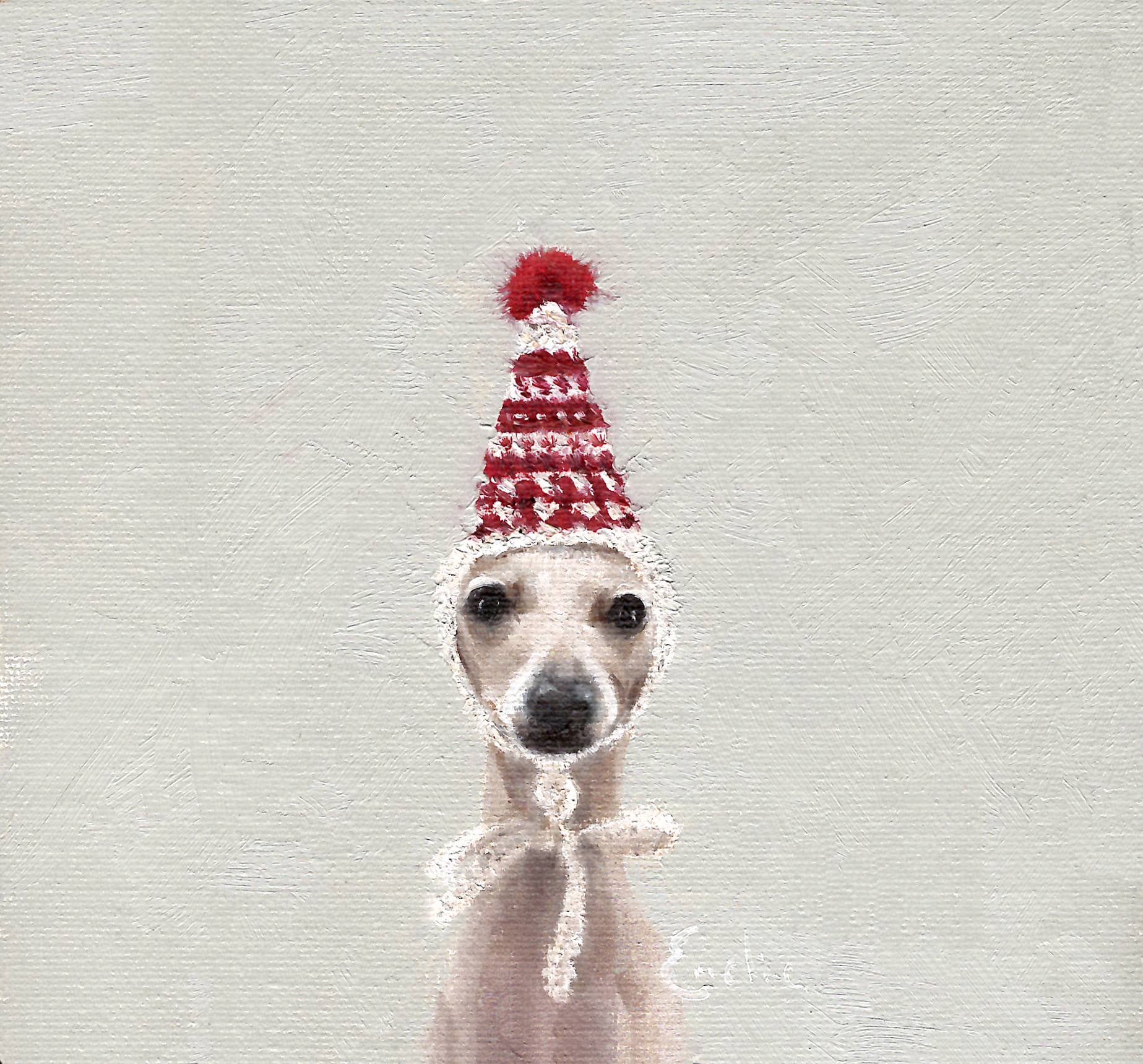 Pom Pom Whippet Christmas Card 6 x 6 by Emeline Watchorn