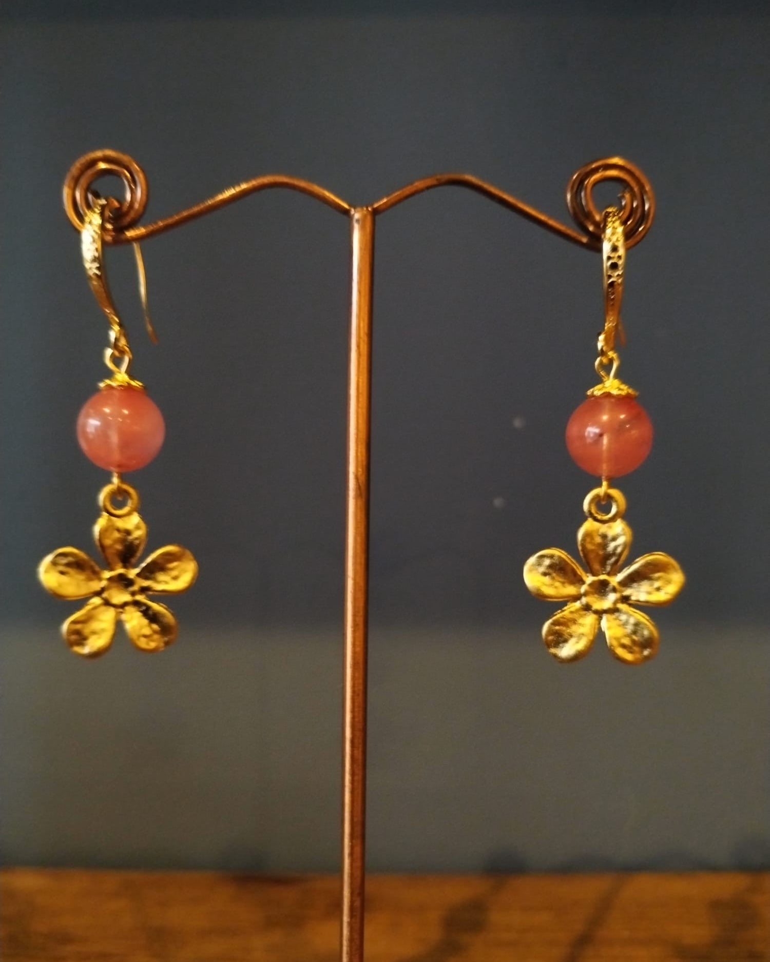 Elegant Cherry Quartz & Gold Flower Drop Earrings