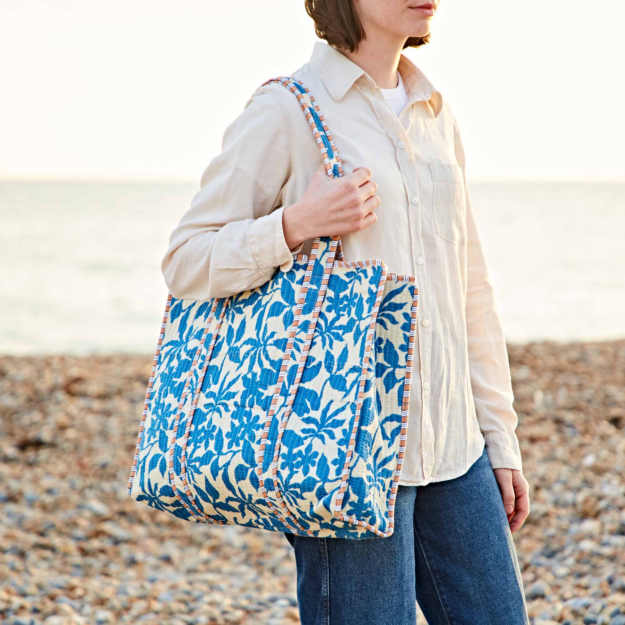 Blue Leaf Print Quilted Cotton Tote Bag
