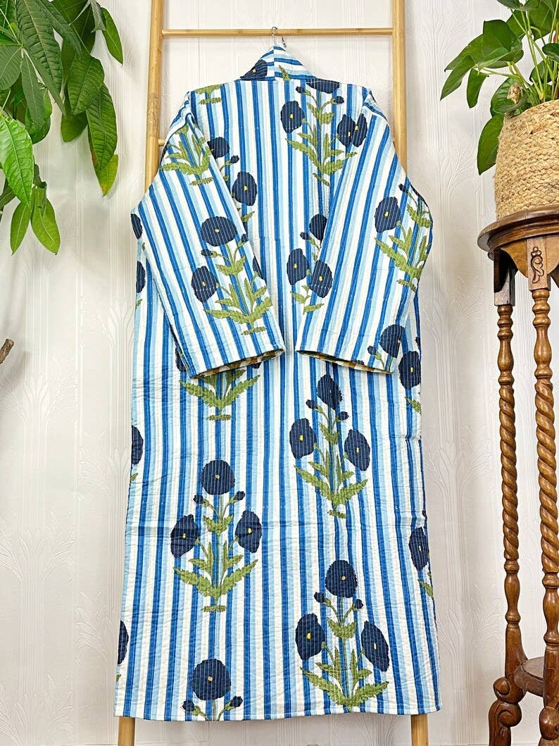 Quilted Cotton Reversible blue & yellow  floral Kimono Robe UK 10 16