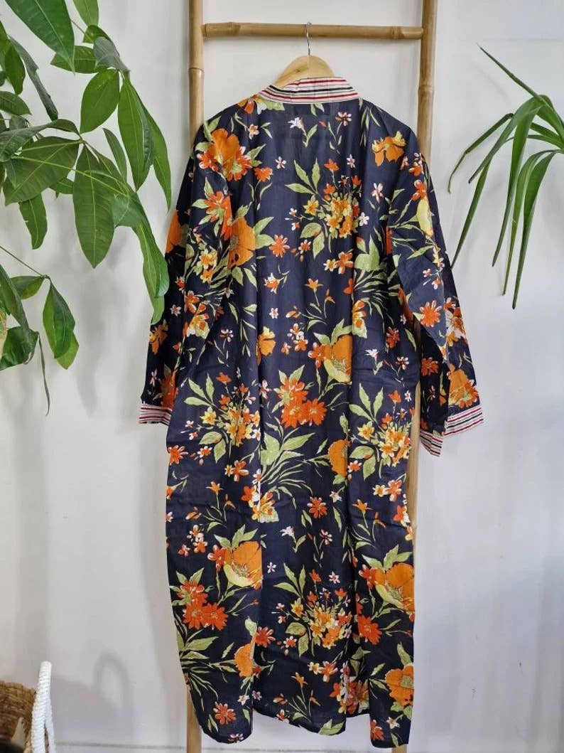 Plus Size Cotton Kimono Robe Black Orange Gardenia Bloom UK 18 24