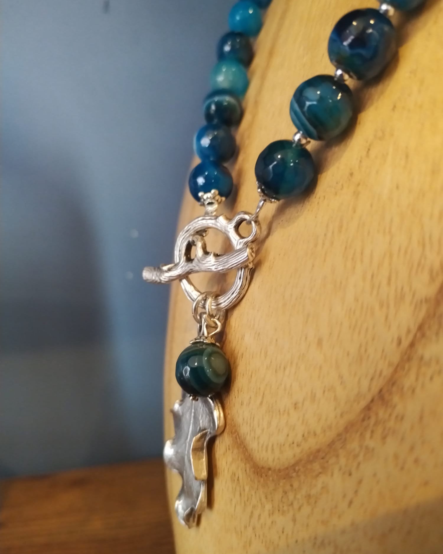 Blue Agate Necklace with Silver Oak Leaf