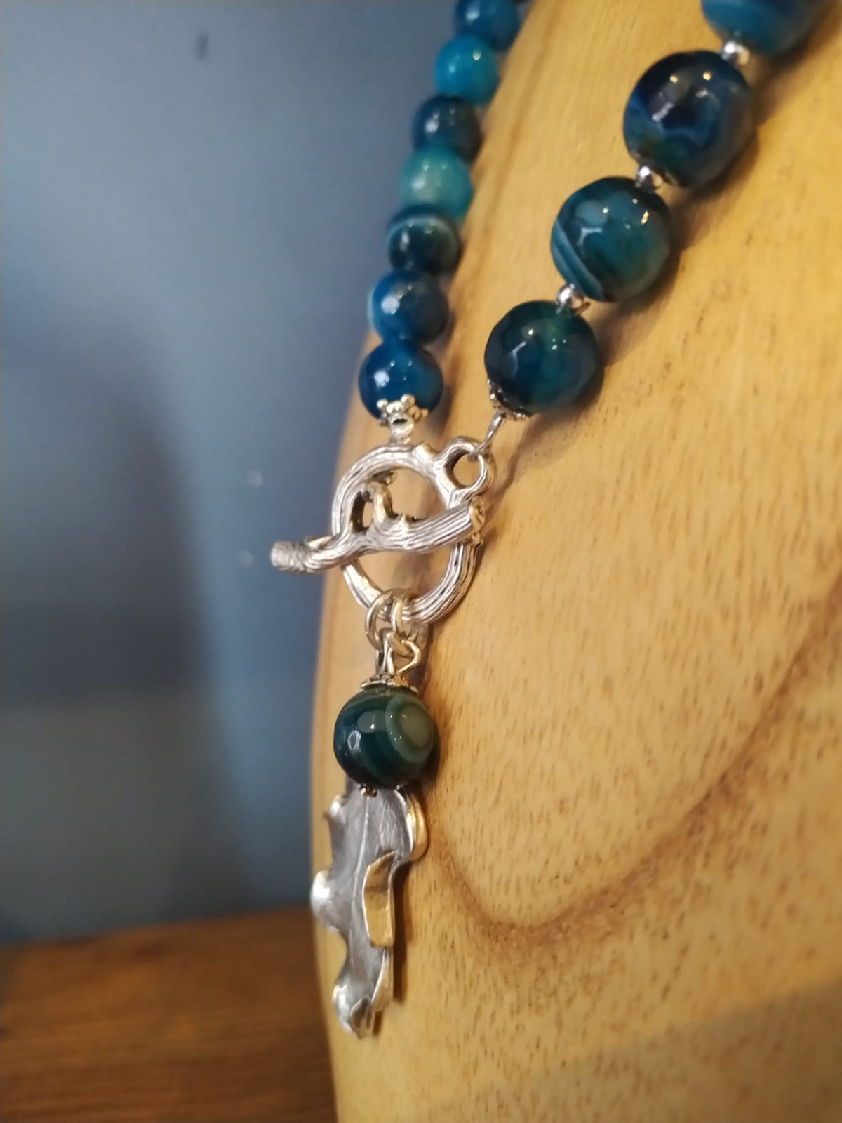 Blue Agate Necklace with Silver Oak Leaf