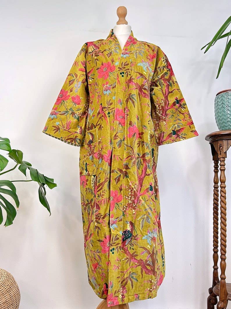 Luxury Velvet Robe Gold & Pink Exotic Birds Paradise