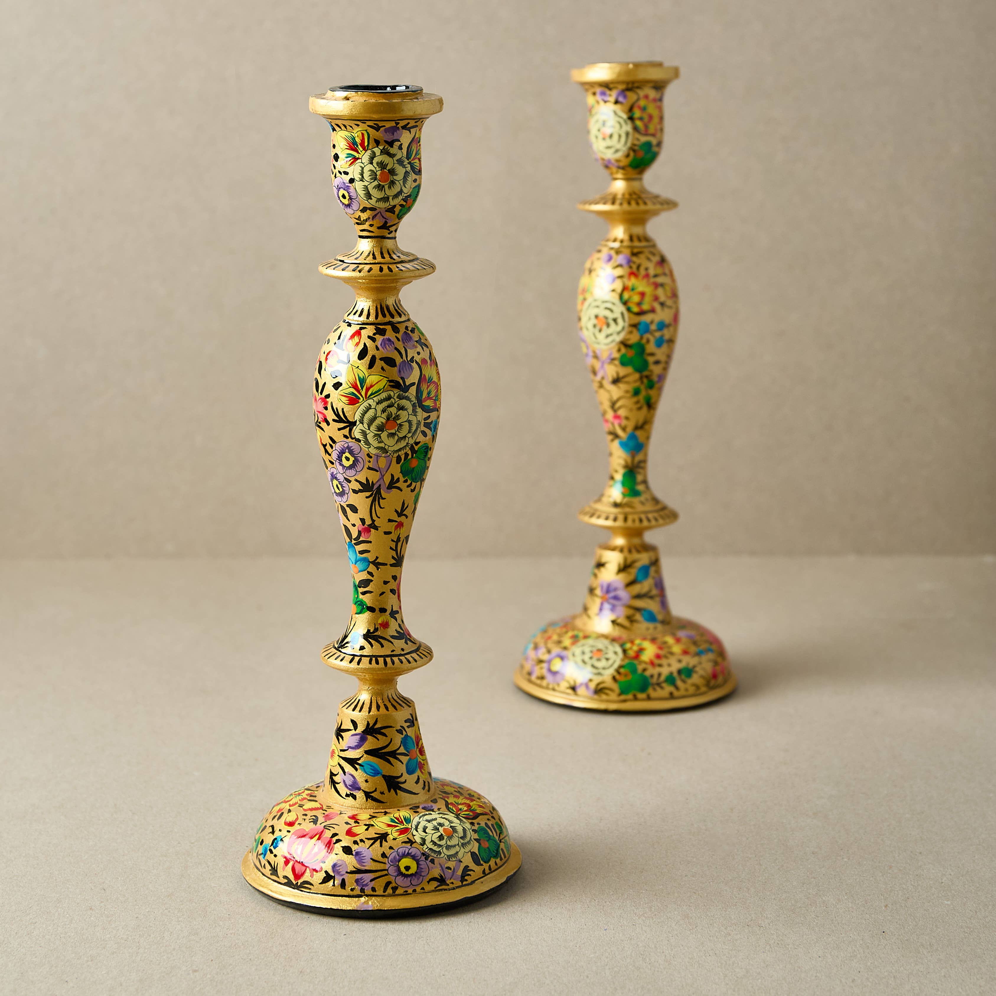 Wooden Candle Stick Holder 12" | Gold Floral