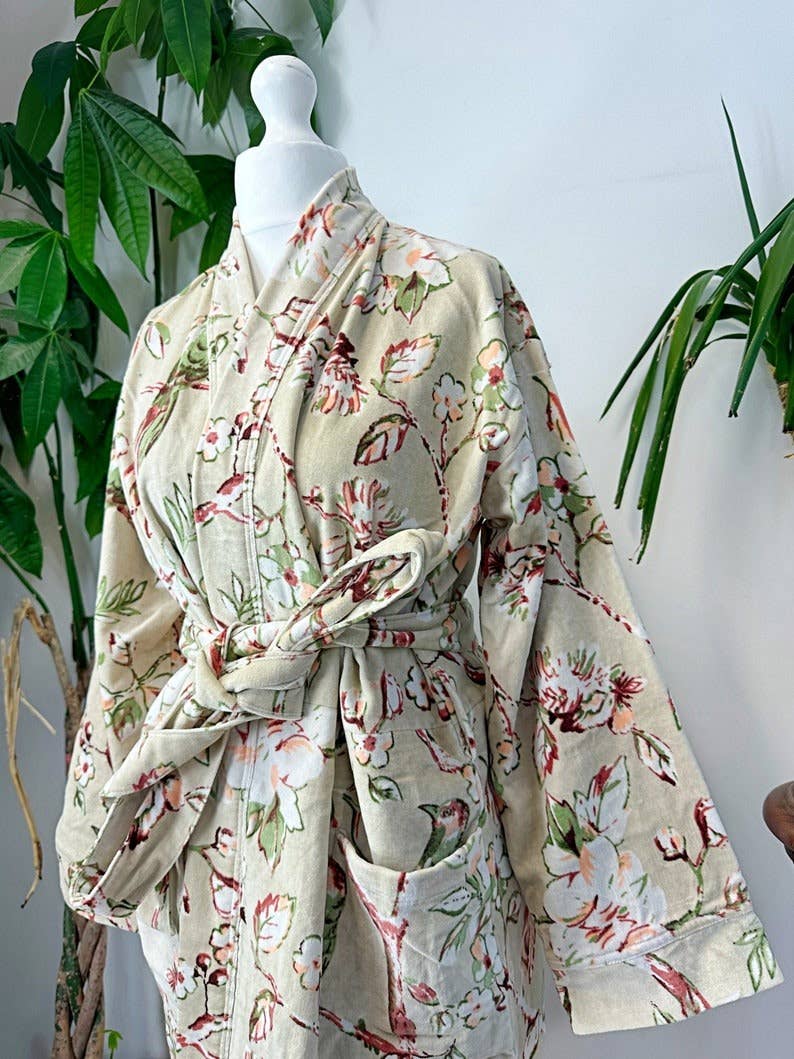 Luxury Velvet  Robe - Elegant Powder Beige Rust Olive