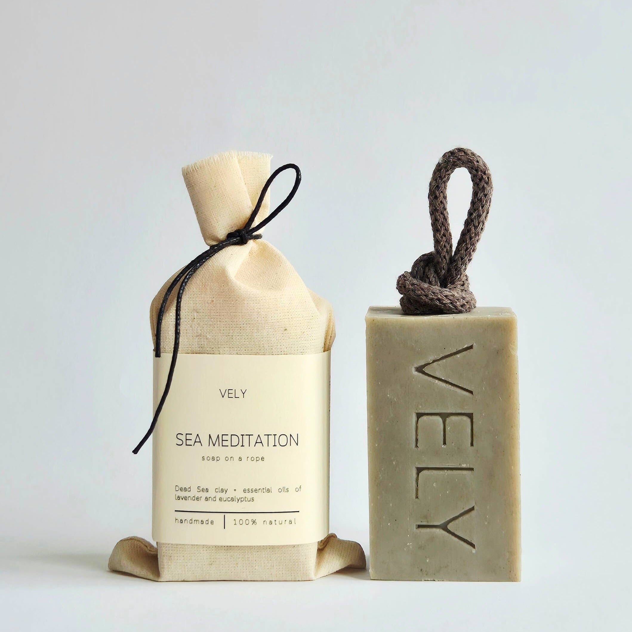 Natural Eucalyptus, Lavender and Dead Sea Clay Soap on a Rope Sea Meditation