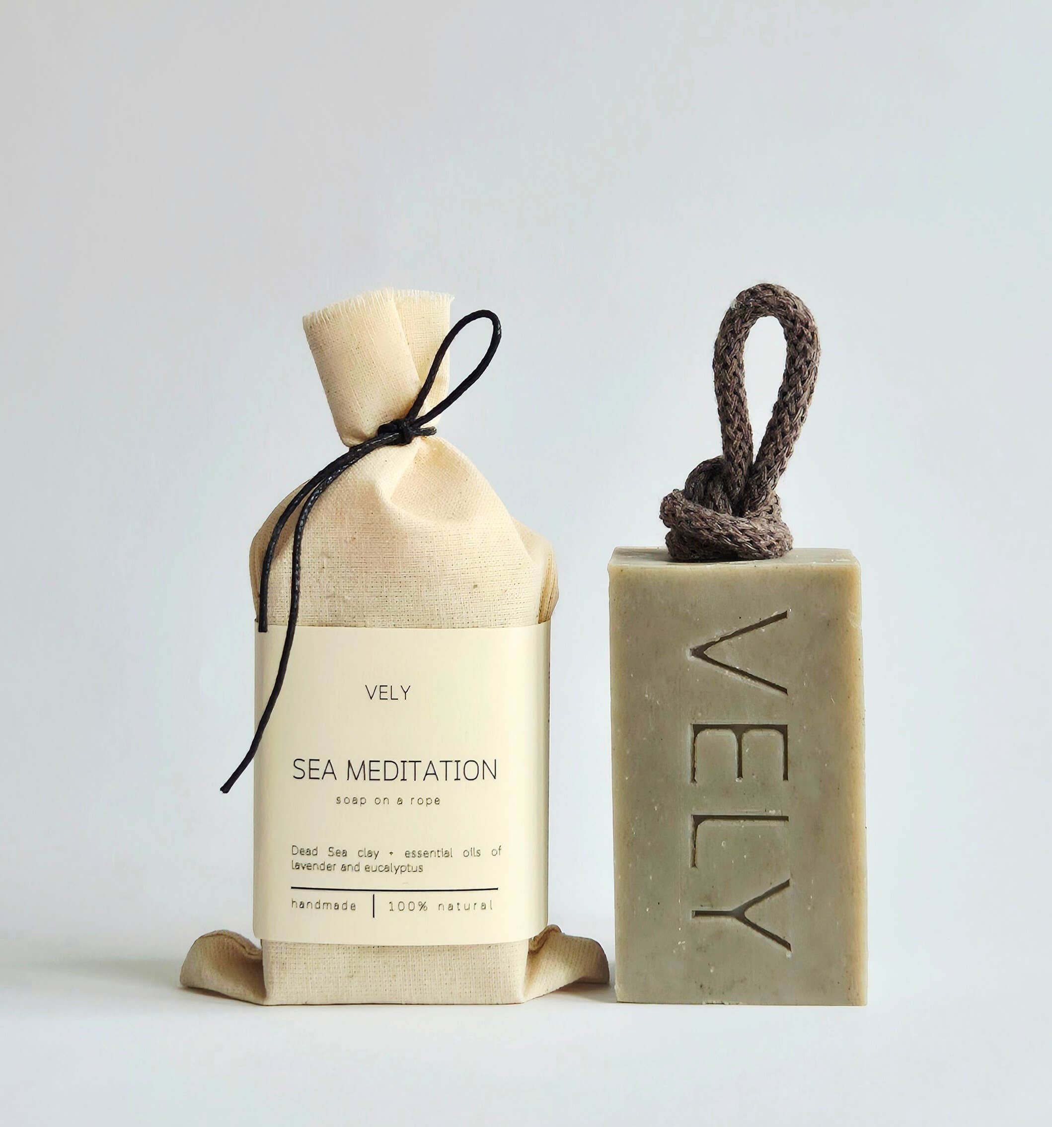Natural Eucalyptus, Lavender and Dead Sea Clay Soap on a Rope Sea Meditation