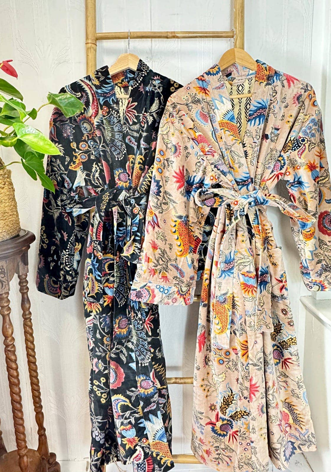 Cream Luxurious Printed Velvet Robe, fully lined