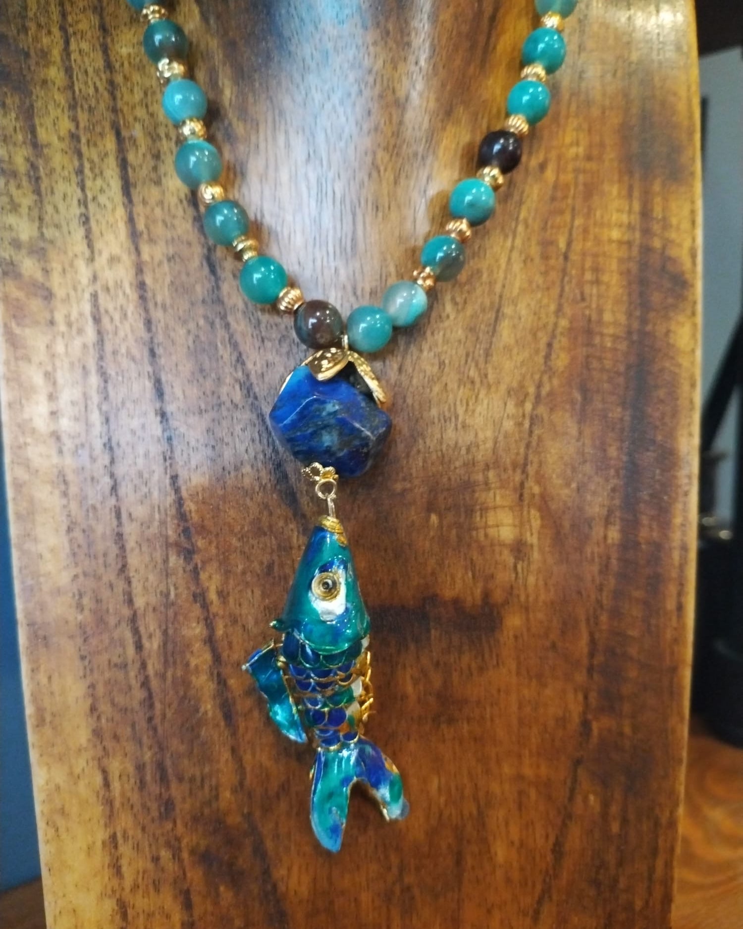 Long Lapis And Agate Bead Necklace With Enamel Fish Charm