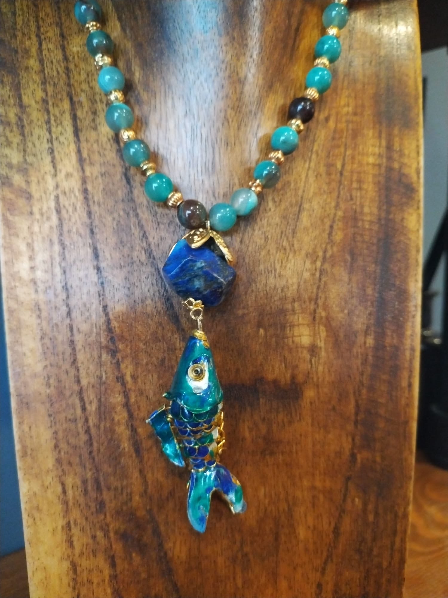 Long Lapis And Agate Bead Necklace With Enamel Fish Charm