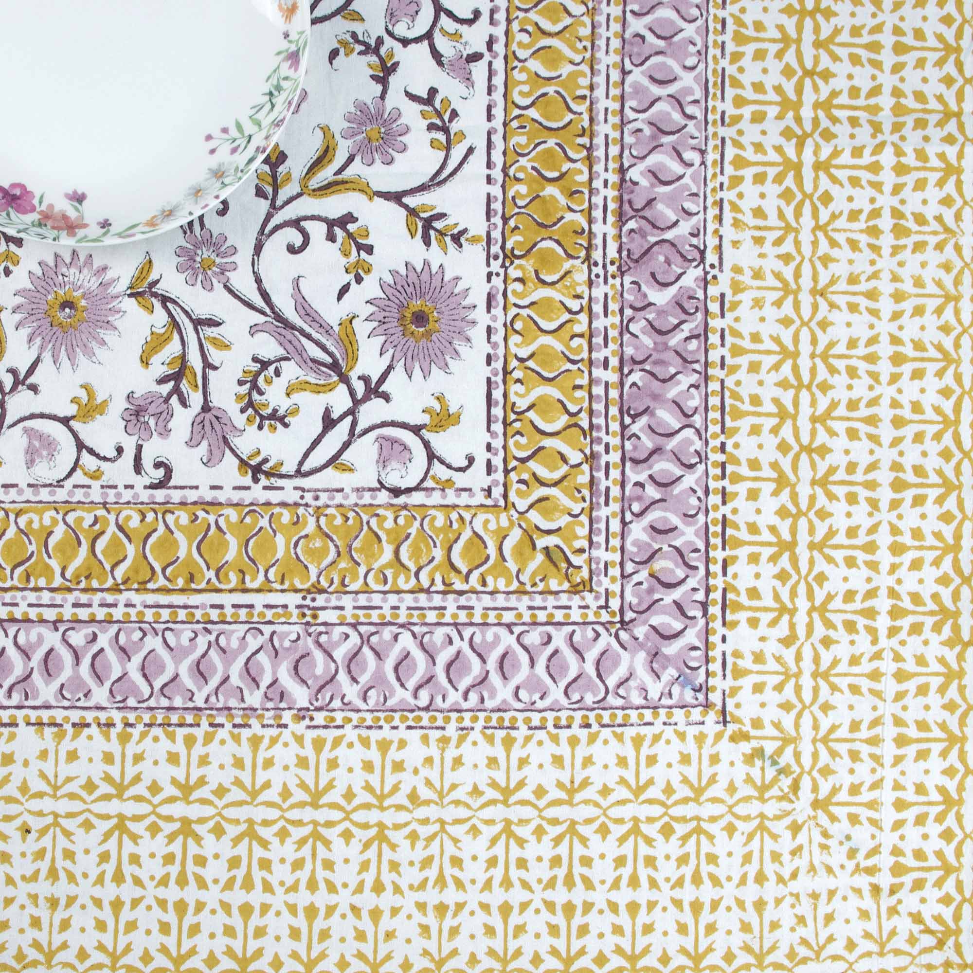 Purple Floral Jaal Block Printed Cotton Tablecloth – Rectangular 10 Seater (70 × 118 in)
