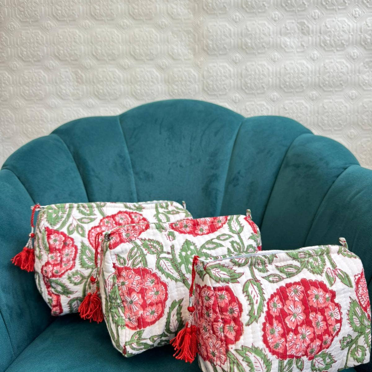 Red Hydrangea Quilted Wash Bag Set of Three