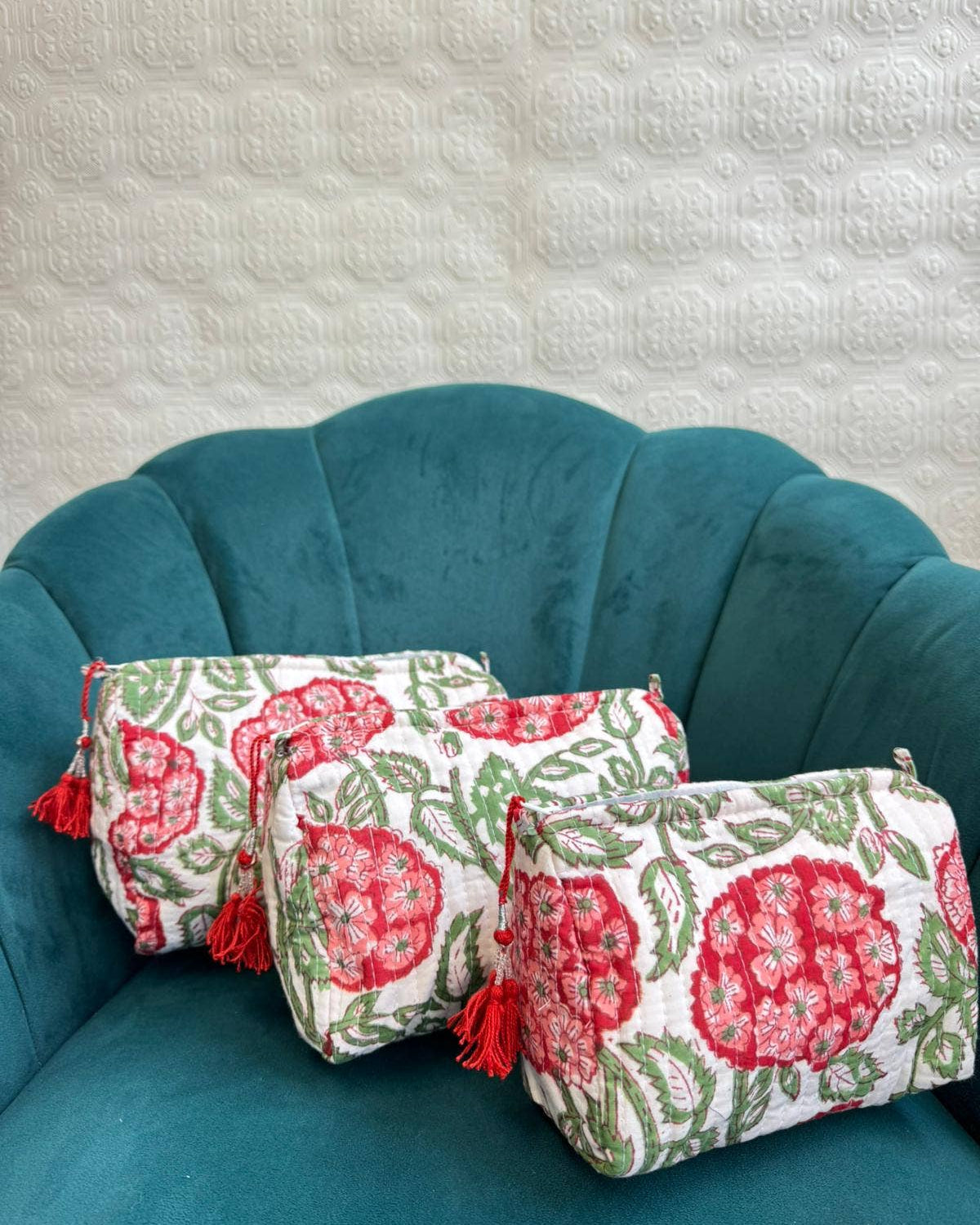 Red Hydrangea Quilted Wash Bag Set of Three