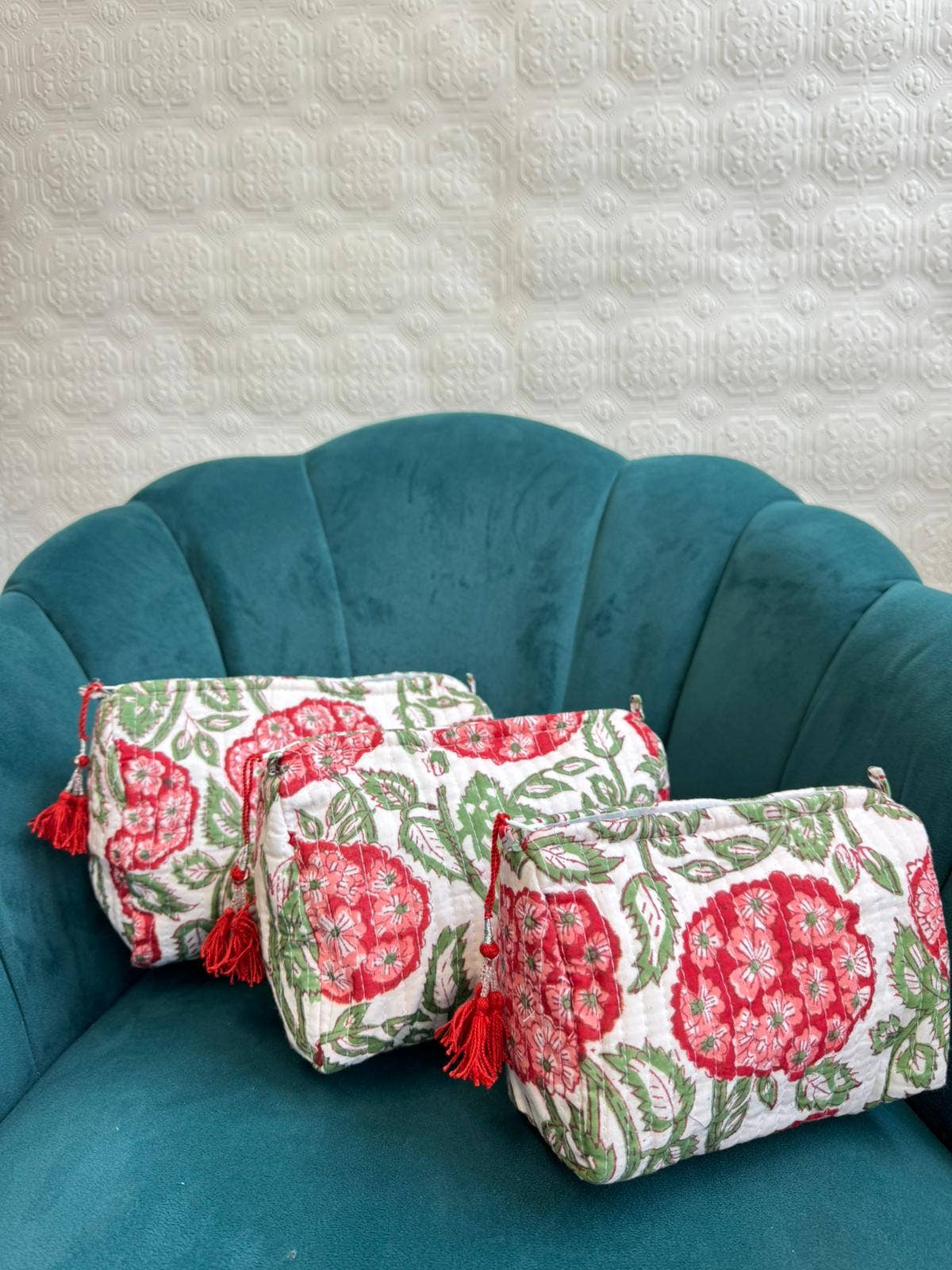 Red Hydrangea Quilted Wash Bag Set of Three