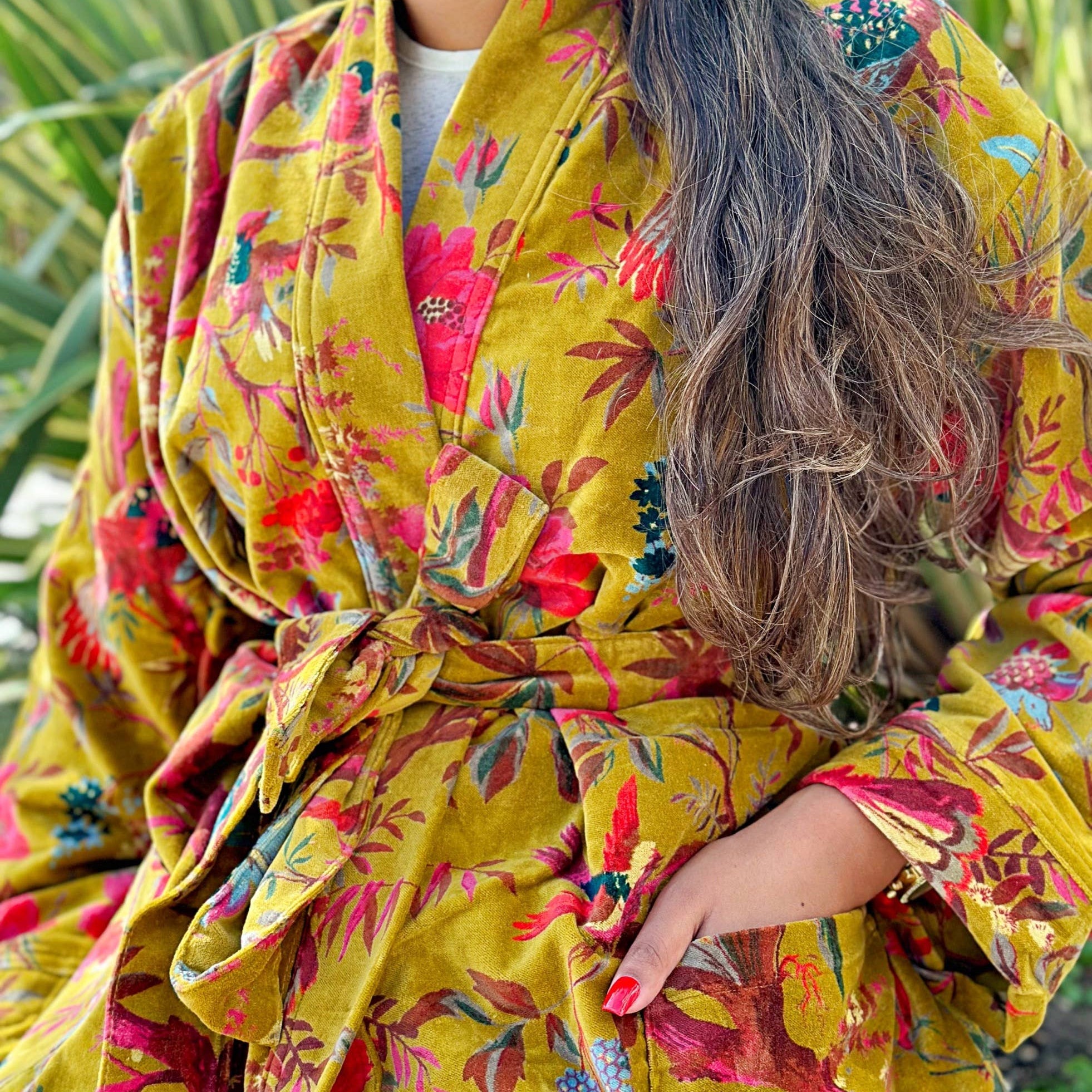 Luxury Velvet Robe Gold & Pink Exotic Birds Paradise