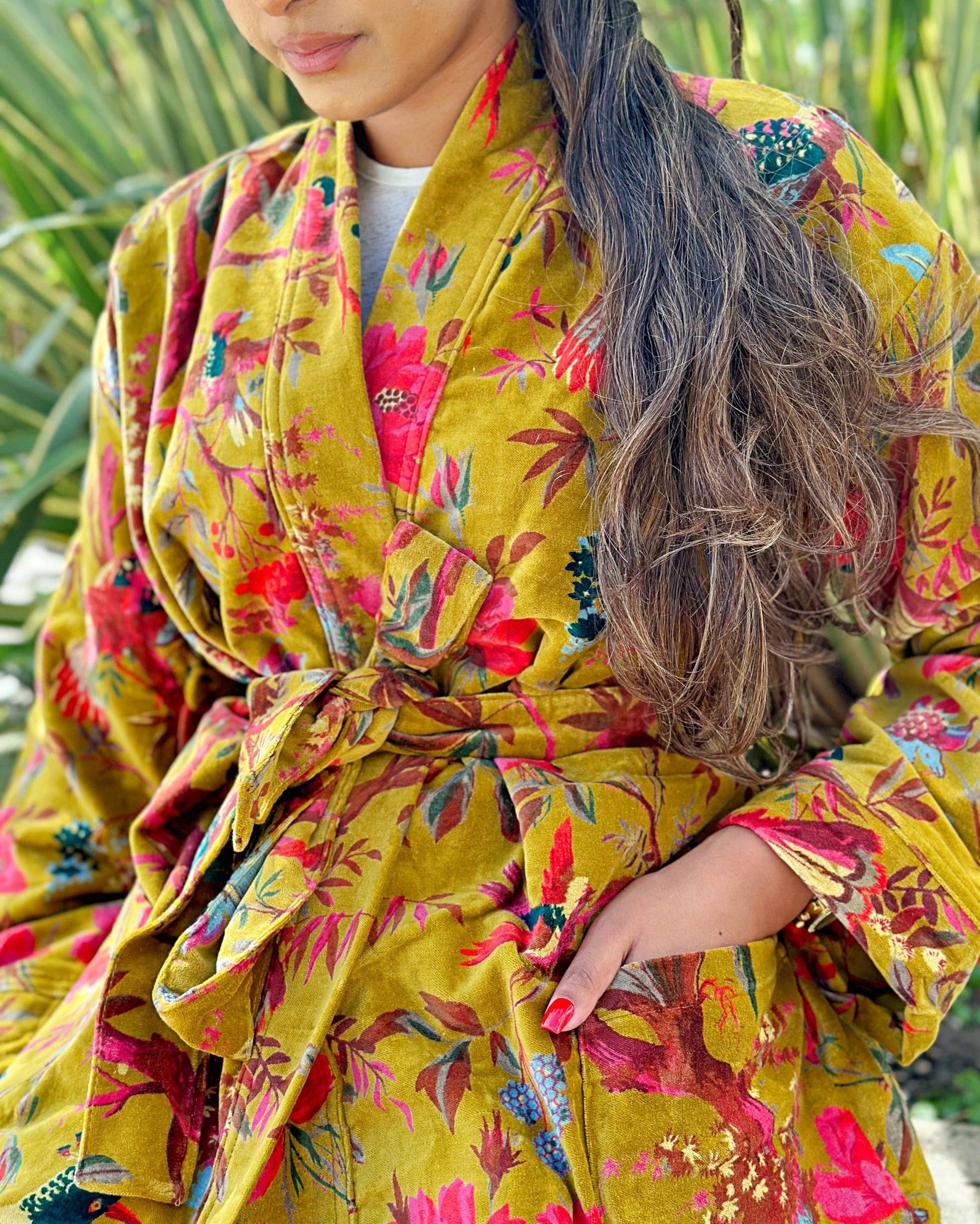 Luxury Velvet Robe Gold & Pink Exotic Birds Paradise