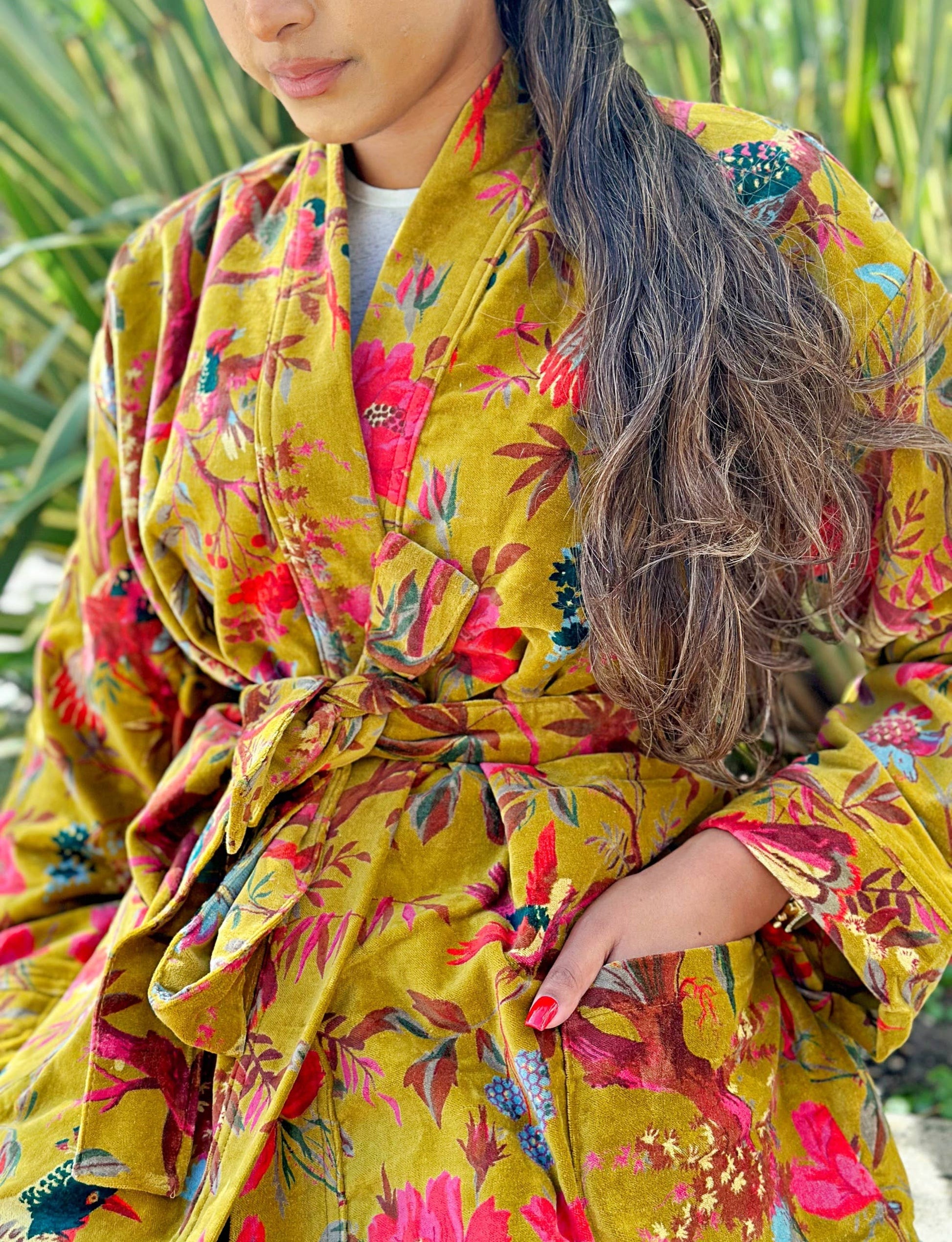 Luxury Velvet Robe Gold & Pink Exotic Birds Paradise