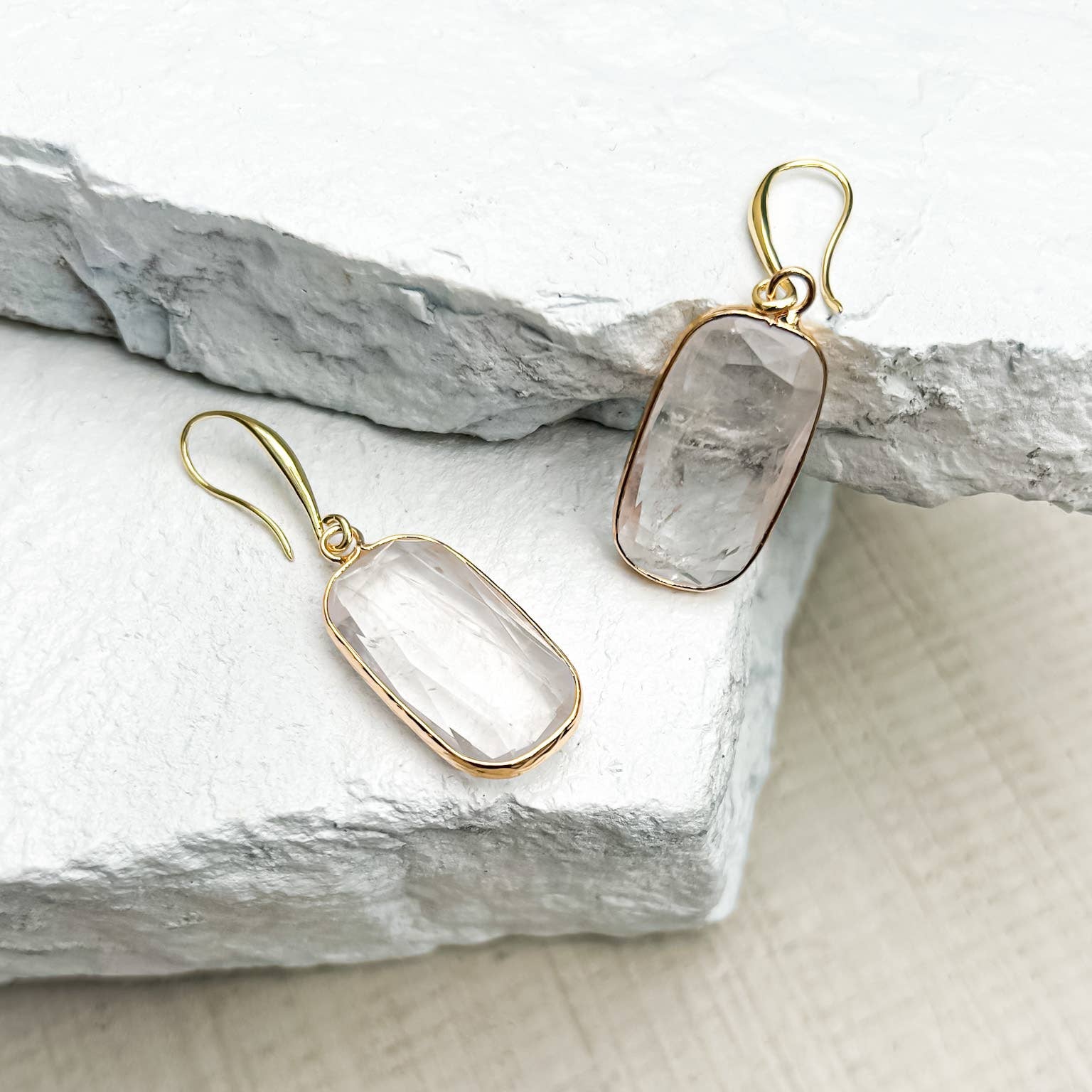 Clear Quartz Rectangle Gold-Plated Drop Earrings