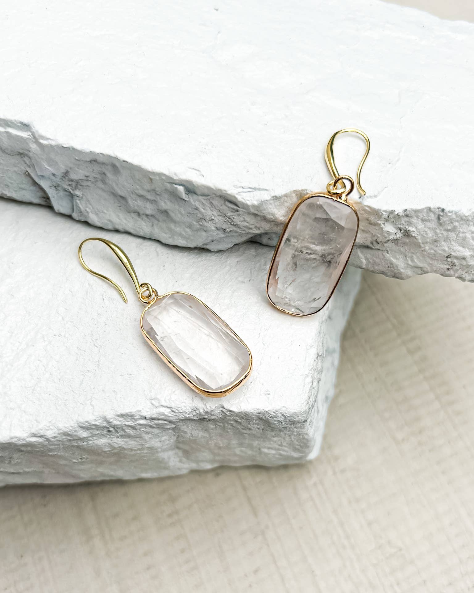Clear Quartz Rectangle Gold-Plated Drop Earrings