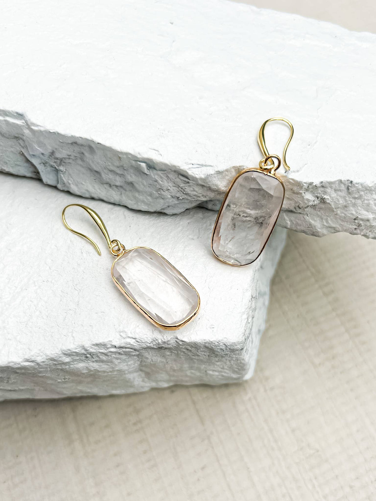 Clear Quartz Rectangle Gold-Plated Drop Earrings