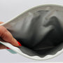 Close-up of a hand holding a gray pouch with a mesh side.
