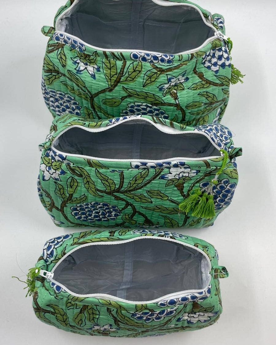 Blue Flowers & Green Vine Quilted Set Of Three  Wash Bags