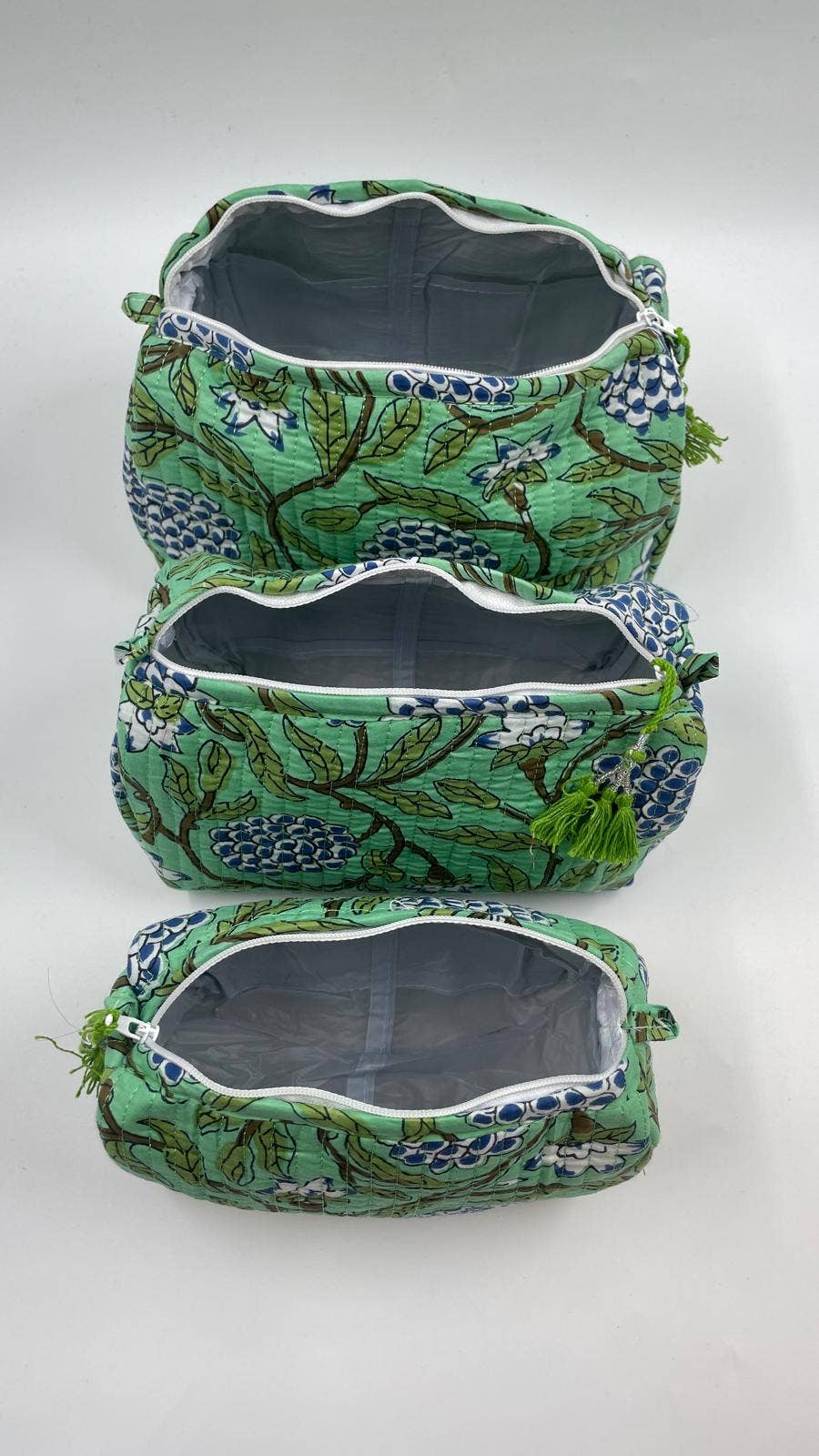 Blue Flowers & Green Vine Quilted Set Of Three  Wash Bags
