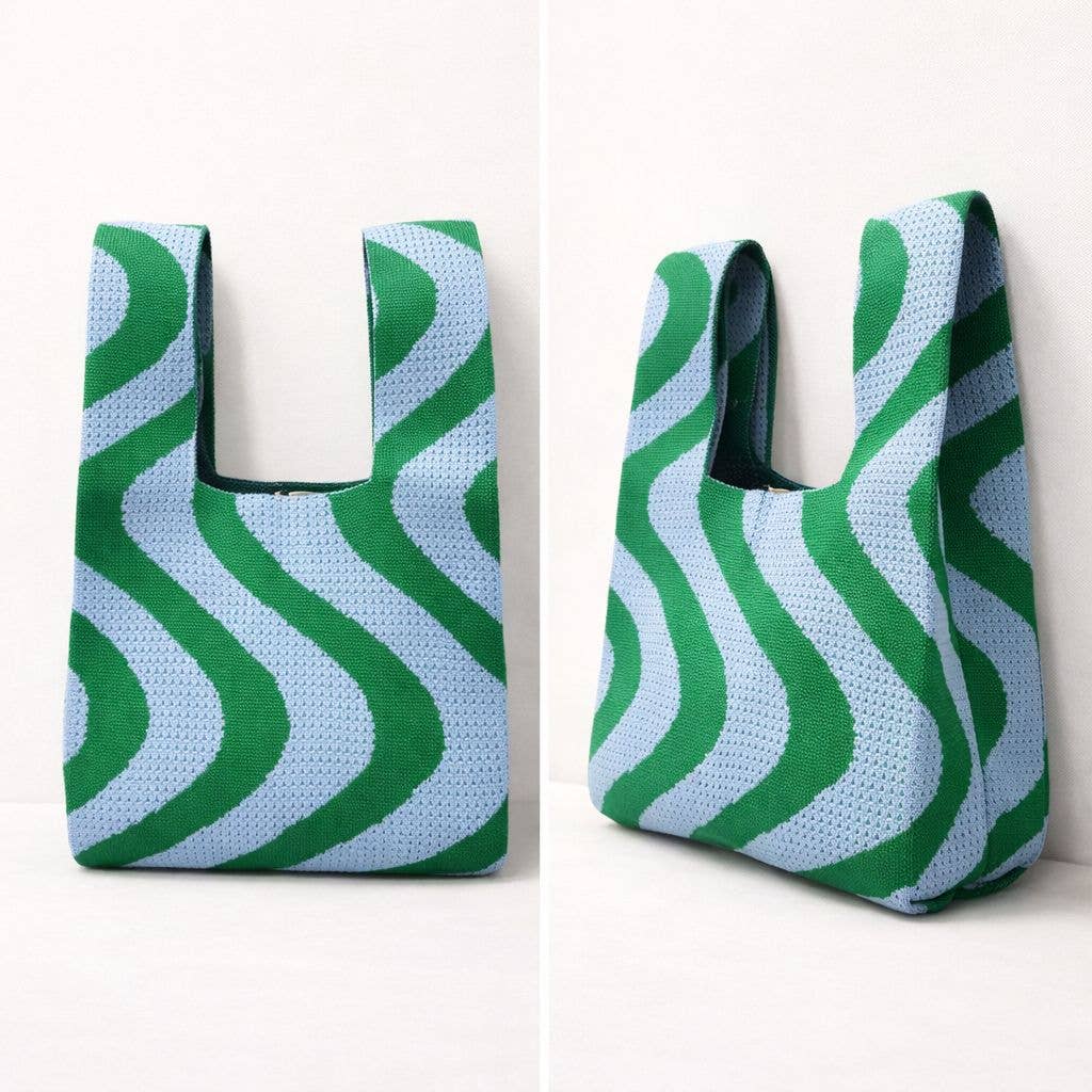 Green and Blue Sunset Swirl Knitted Tote Bag Medium by Tokeii