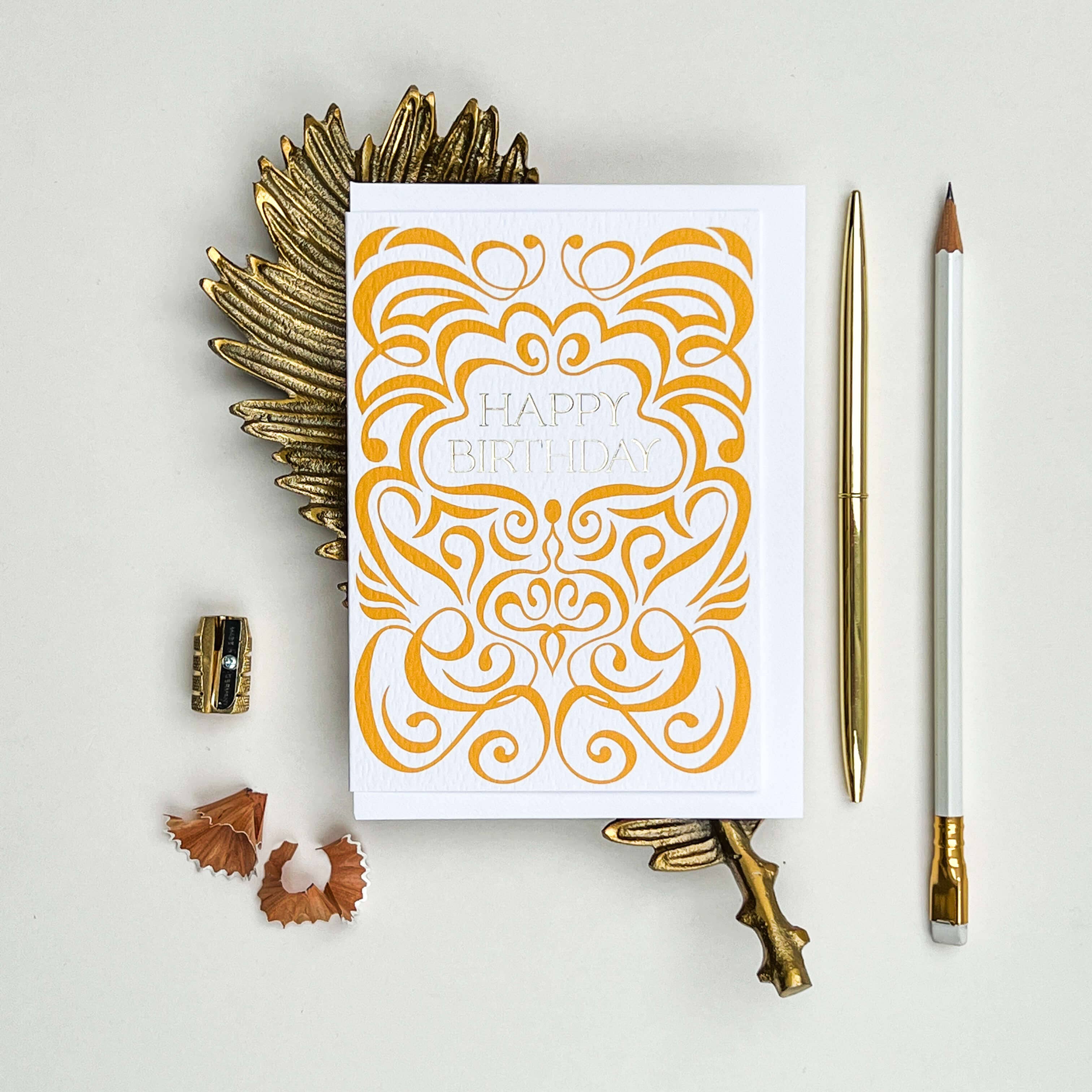 Mustard and White Swirl Happy Birthday Card