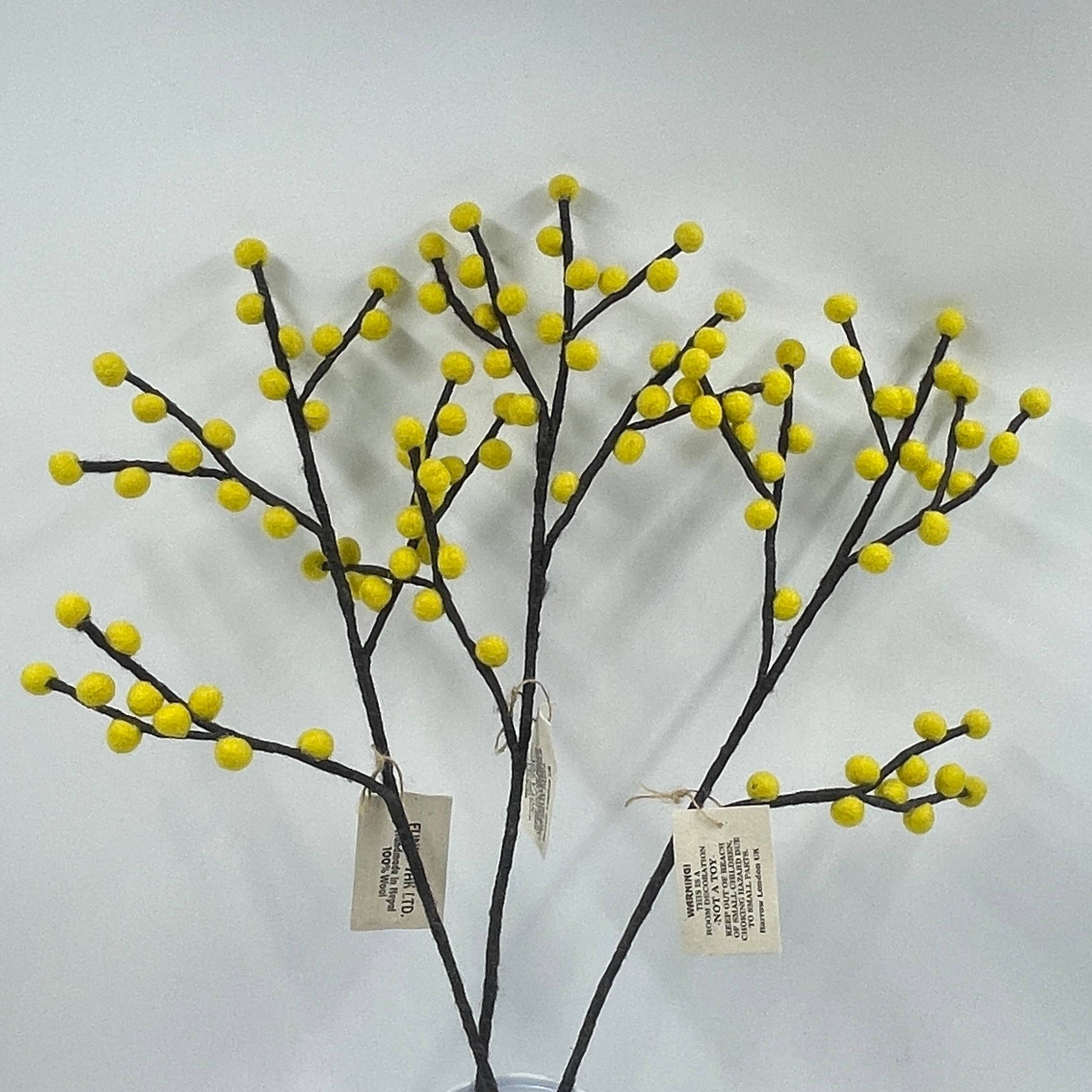 Decorative plant with yellow spherical ends in a blue vase on a white background