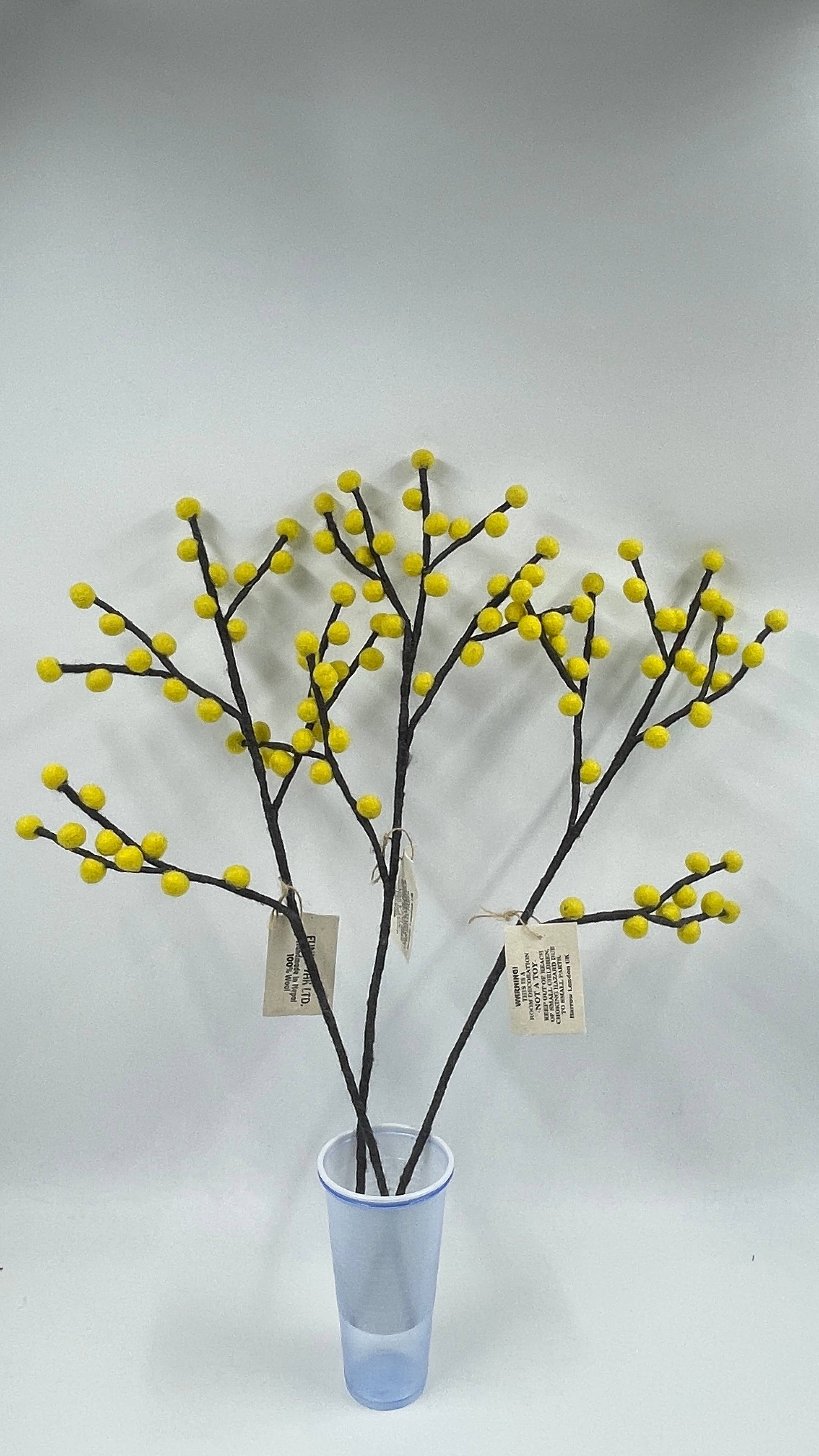 Decorative plant with yellow spherical ends in a blue vase on a white background