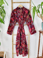 Wine red velvet kimono robe with fuchsia flowers and exotic birds