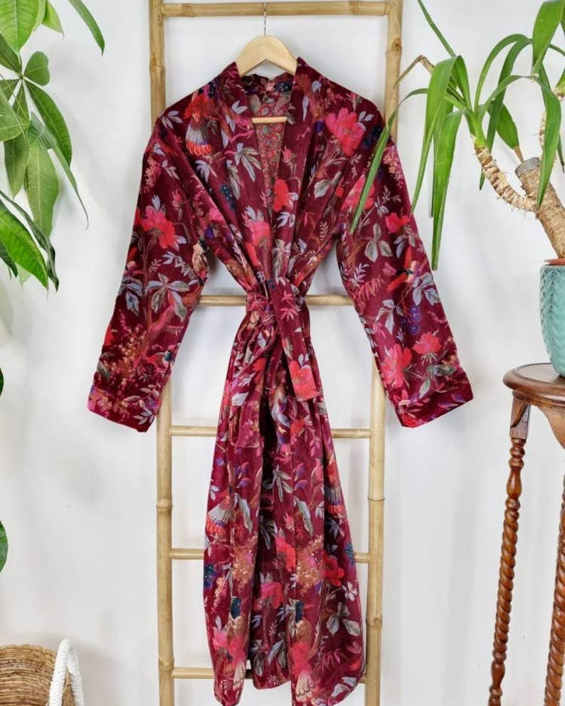 Wine red velvet kimono robe with fuchsia flowers and exotic birds