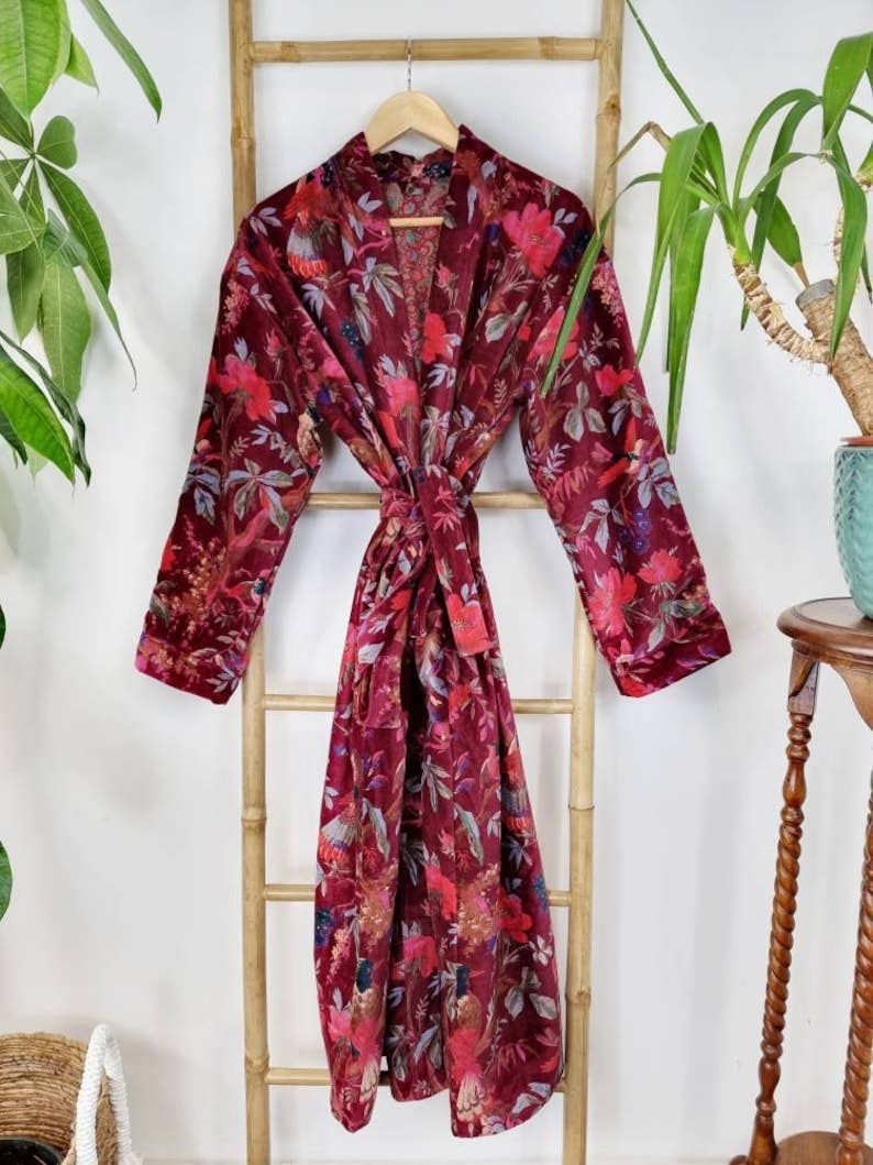 Wine red velvet kimono robe with fuchsia flowers and exotic birds