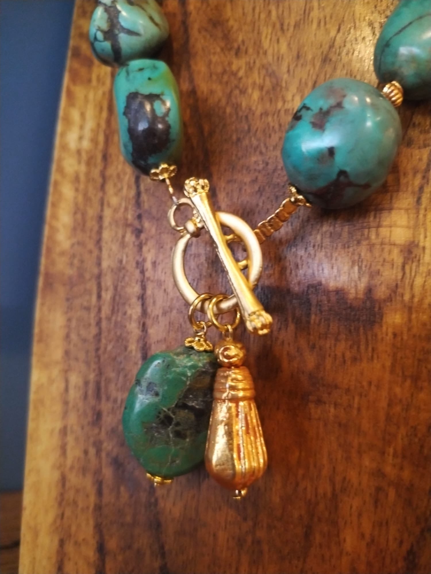 Large Turquoise Pebble Bead Necklace With Gold Details