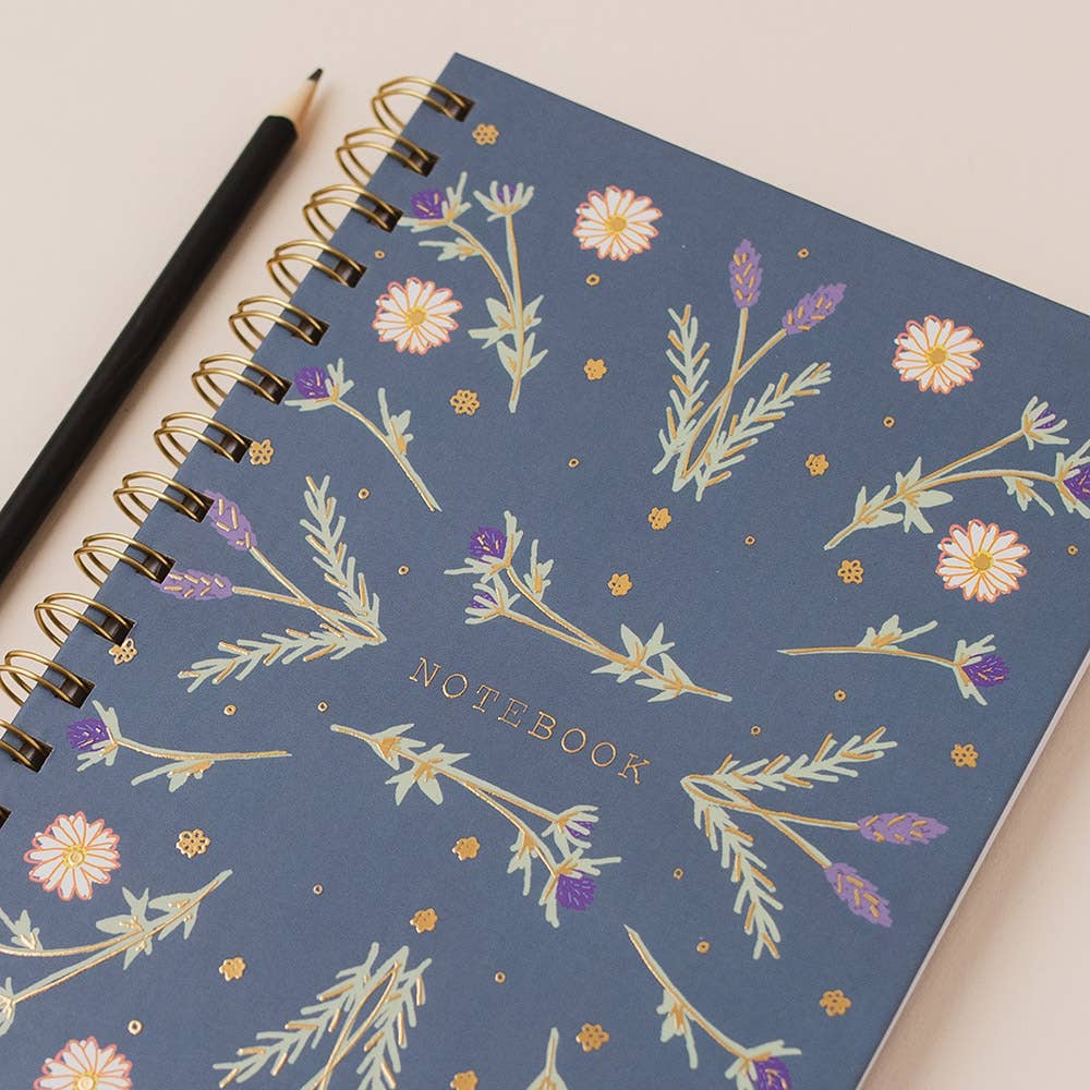 A5 Notebook Blue Floral Hardback Gold Foil