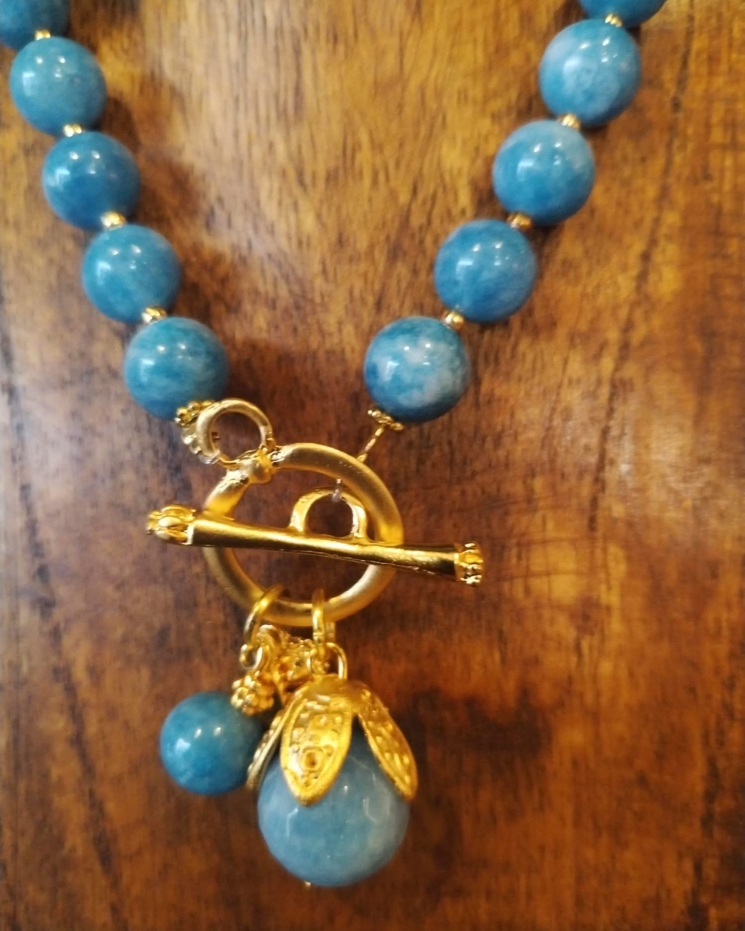 Pale Blue Angelite Necklace with Gold Details and Flower Bud 43cm