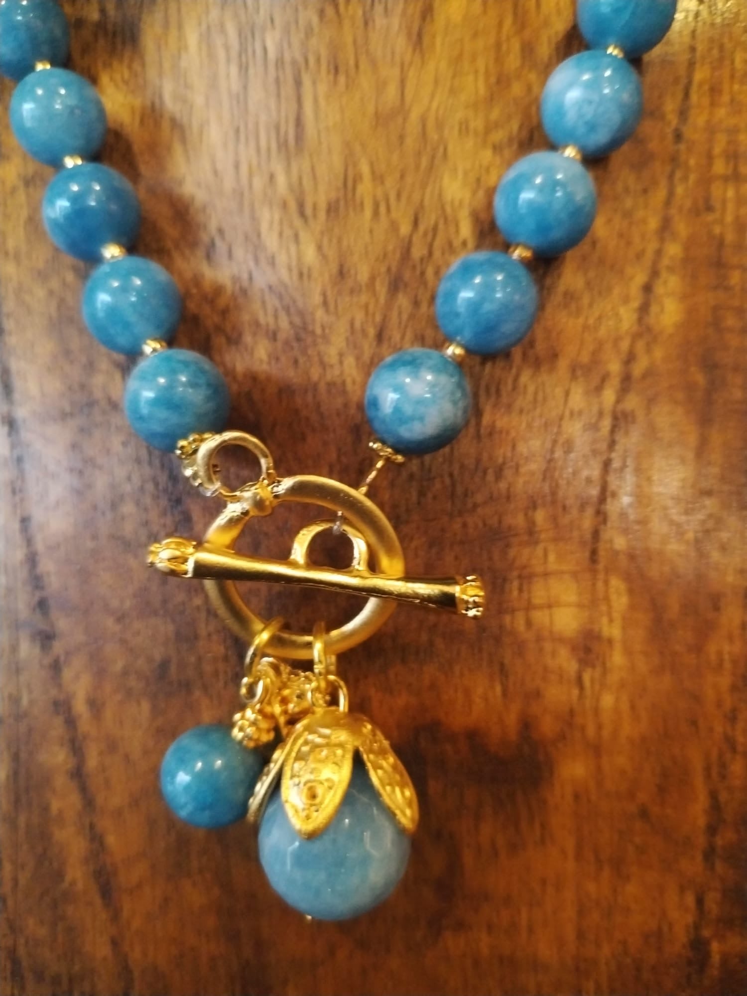 Pale Blue Angelite Necklace with Gold Details and Flower Bud 43cm