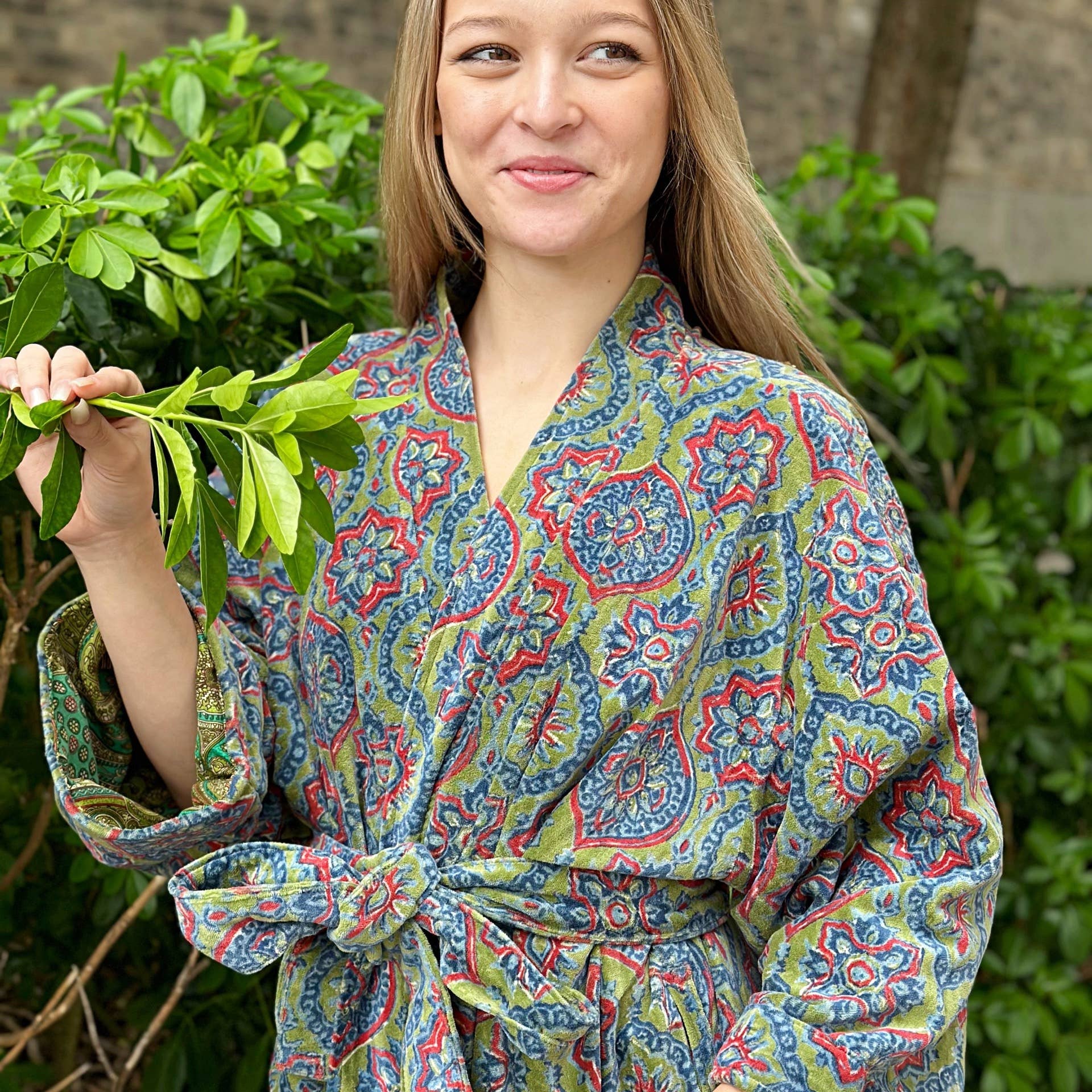 Luxury Velvet  Robe - Fresh Leaf Green Blue Mandala Geometric