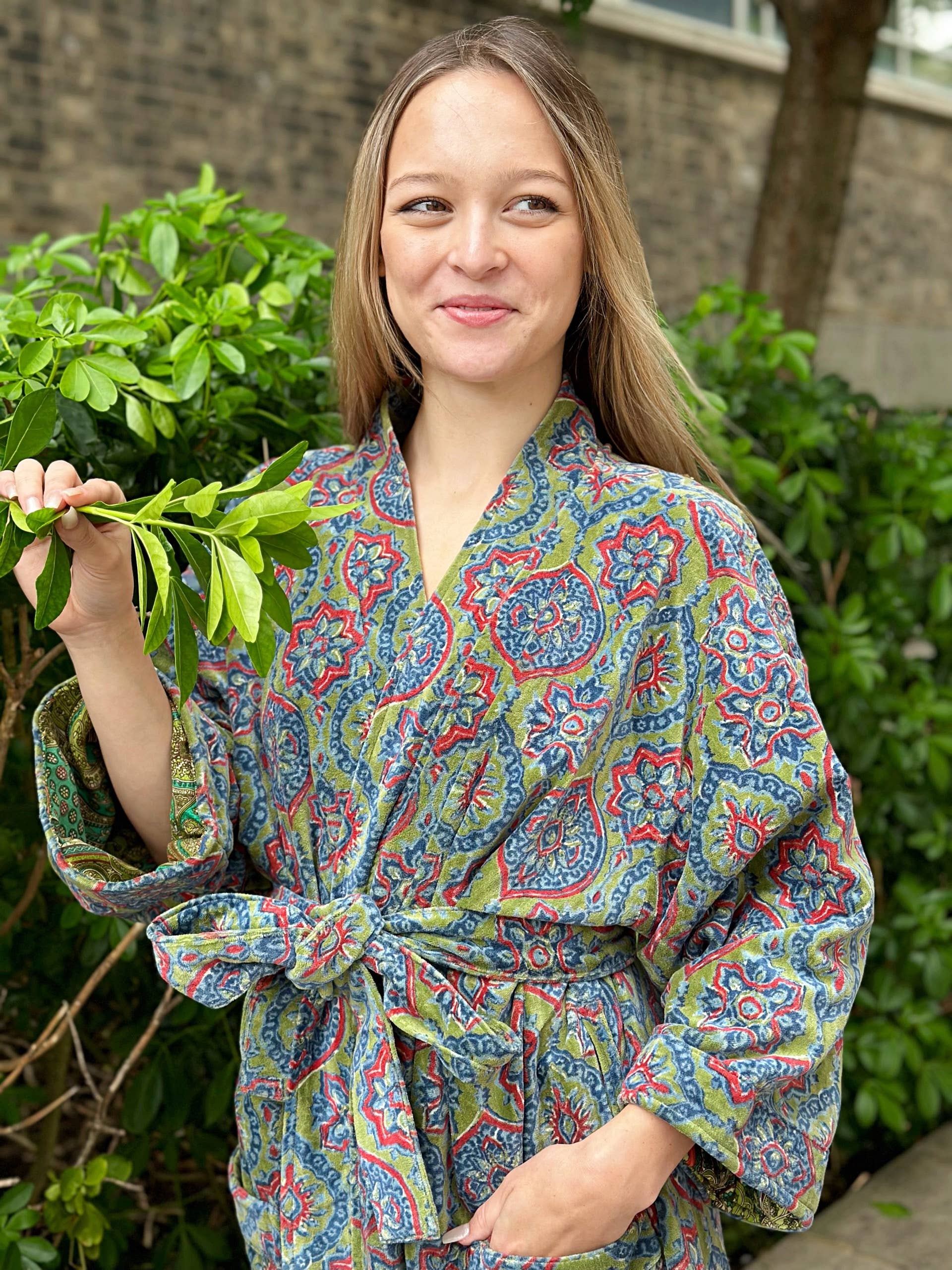 Luxury Velvet  Robe - Fresh Leaf Green Blue Mandala Geometric
