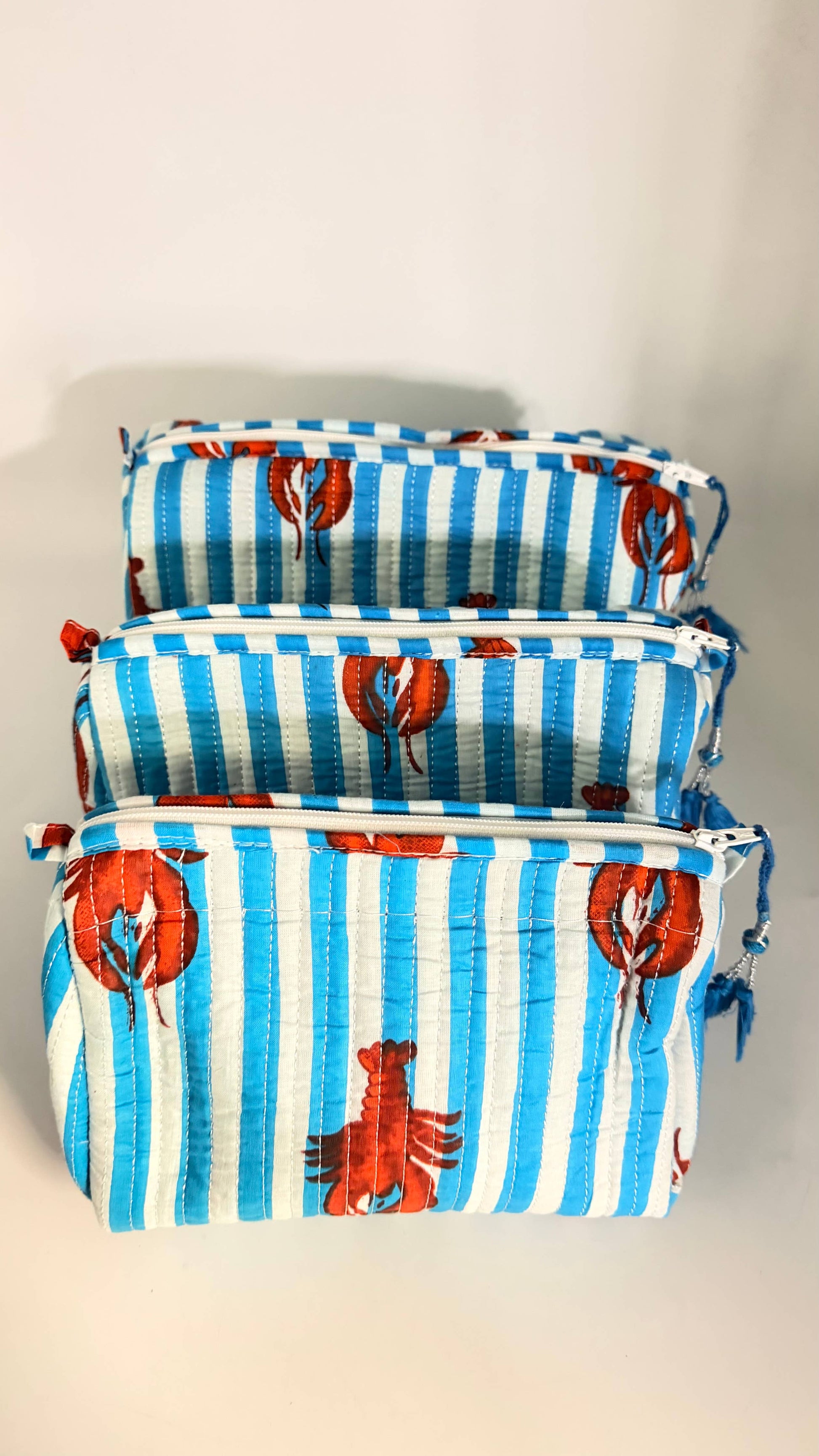 Set of Three Quilted Wash Bags with Blue Stripe Lobster Print