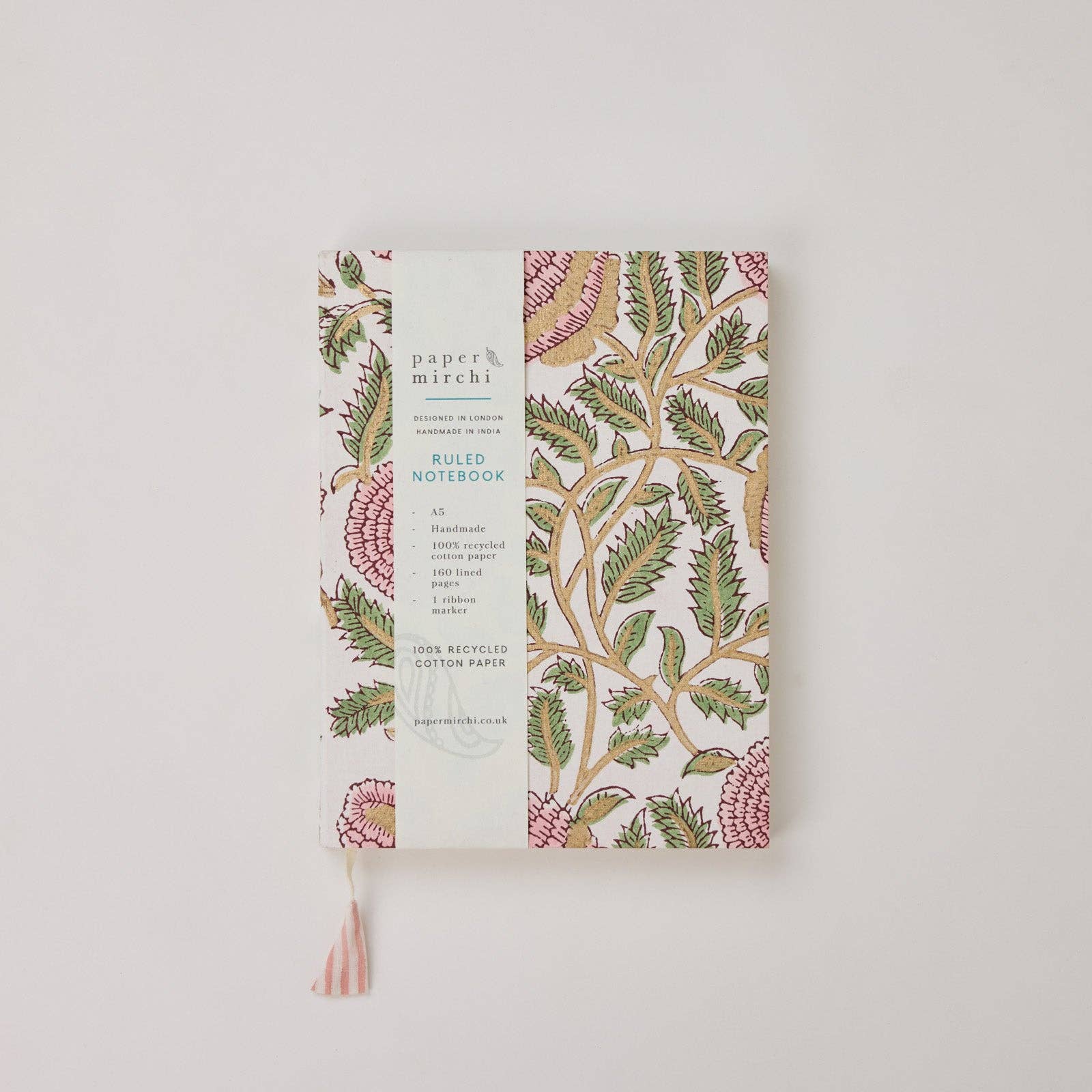 Hand Block Printed Ruled Notebook A5 – Marigold Glitz Blush