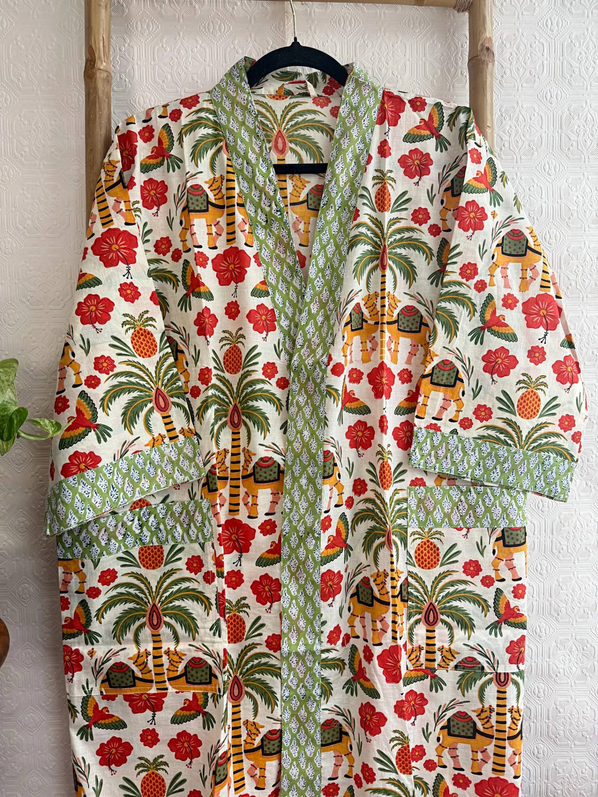 Tropical Elephant Hand-Block Printed Cotton Robe