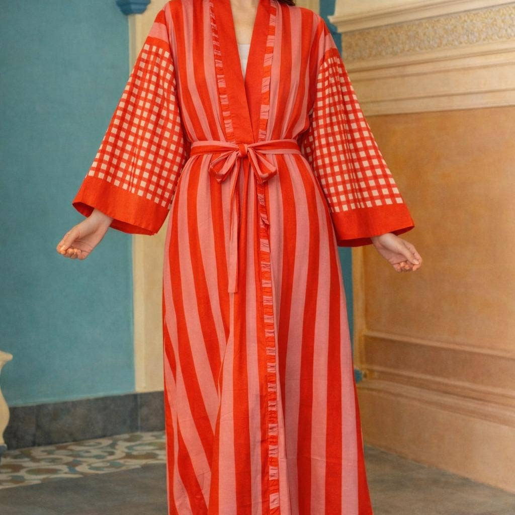 Red & Orange Striped Cotton Kimono Robe Hand Block Printed Dressing Gown