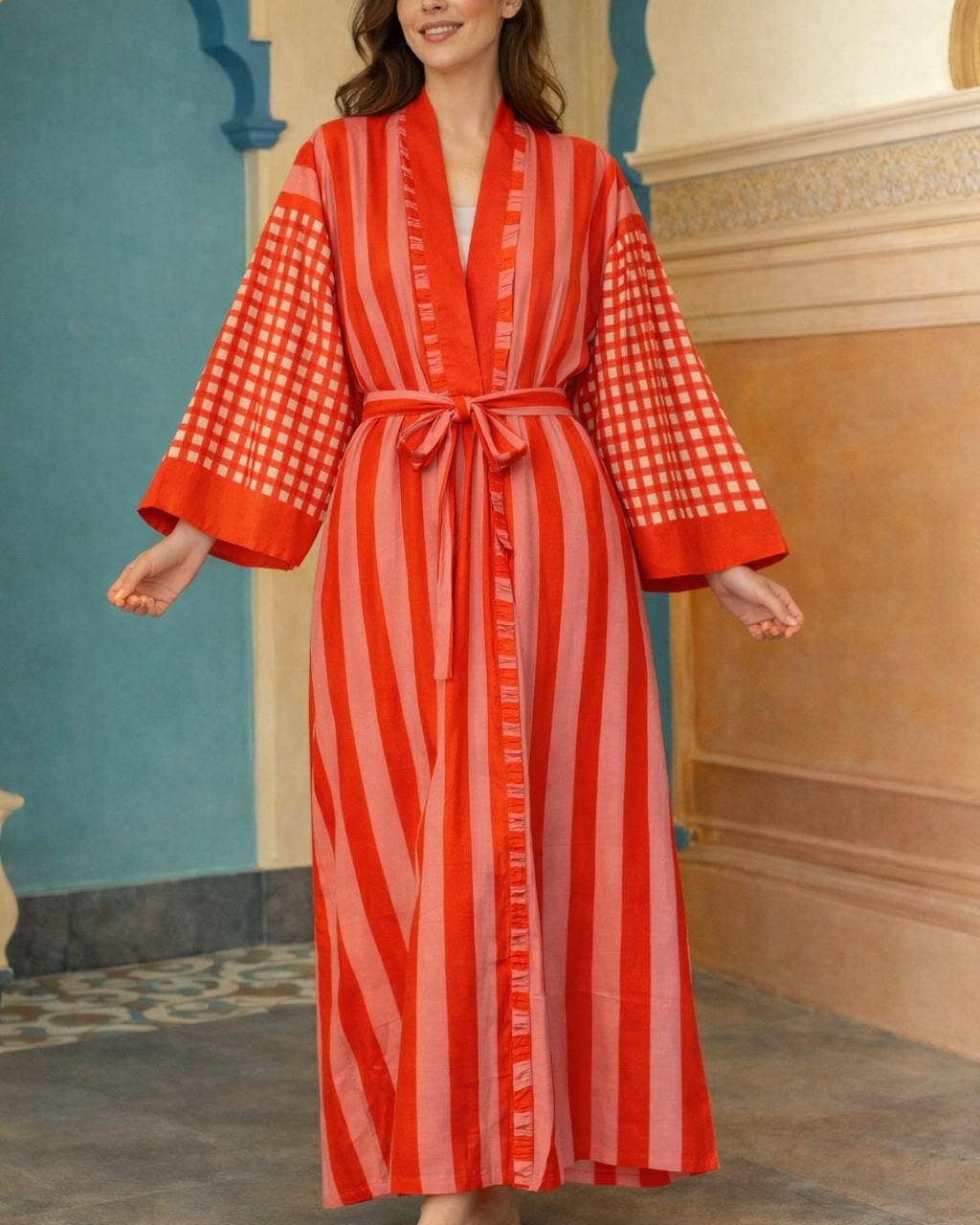 Red & Orange Striped Cotton Kimono Robe Hand Block Printed Dressing Gown
