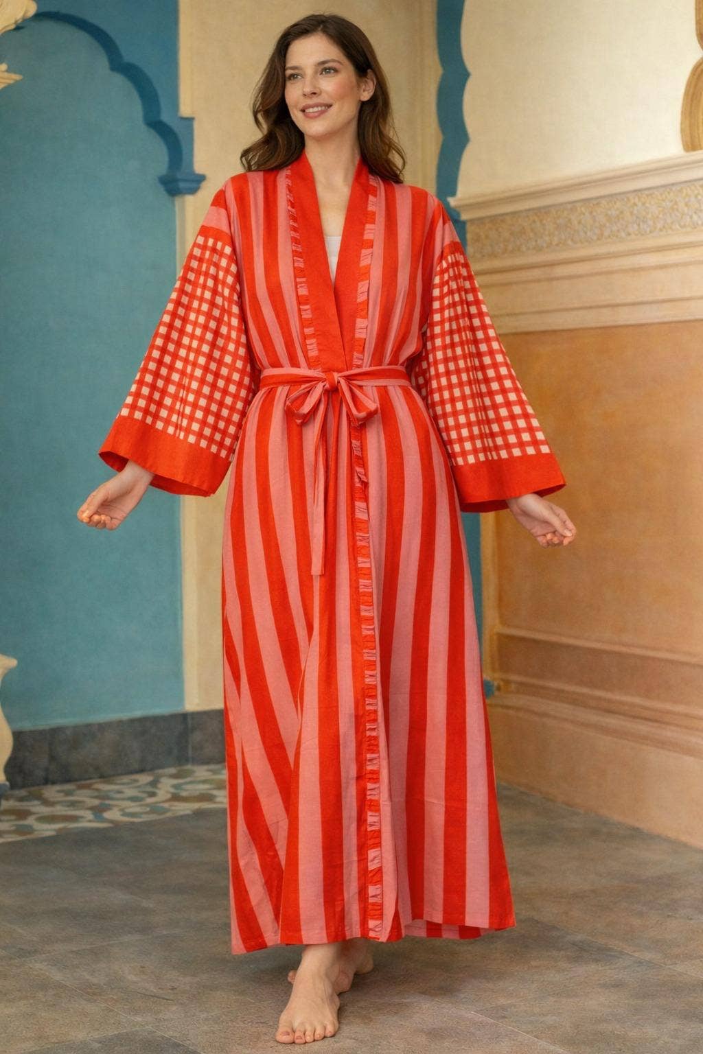 Red & Orange Striped Cotton Kimono Robe Hand Block Printed Dressing Gown
