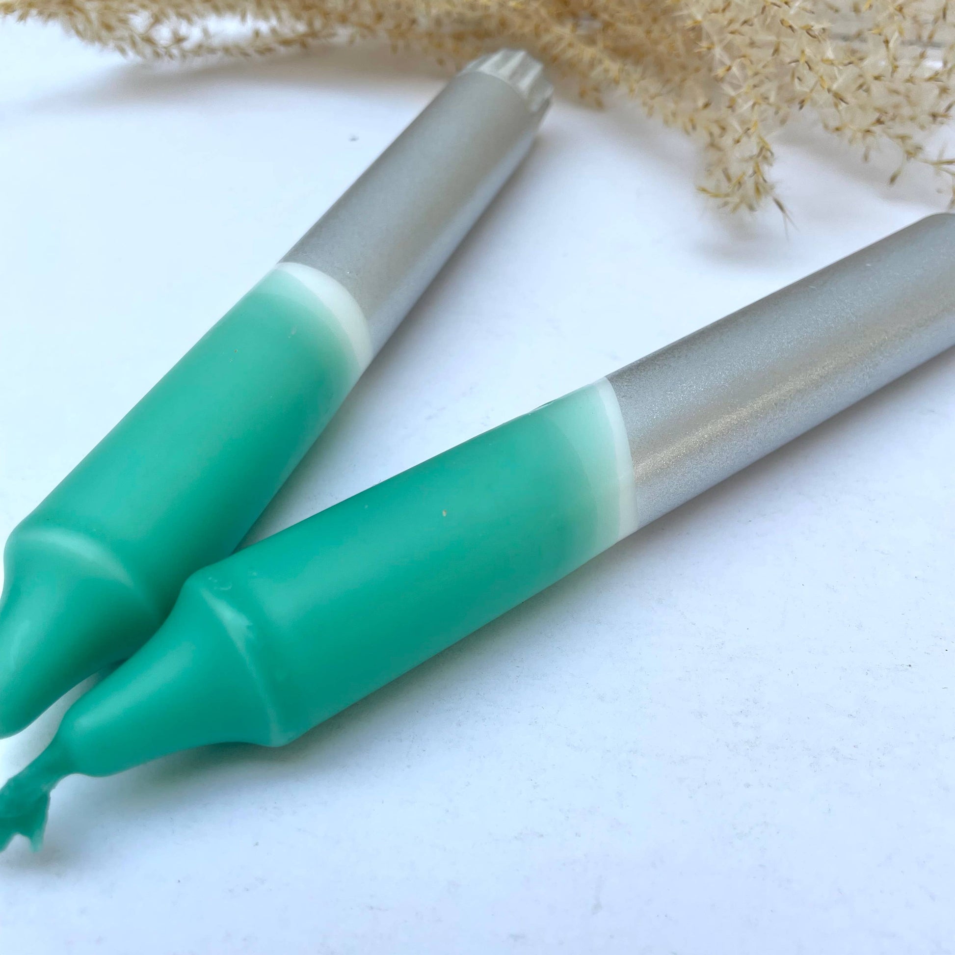 Lagoon Blue & Silver Dip Dyed Dinner Candles - Set of 2