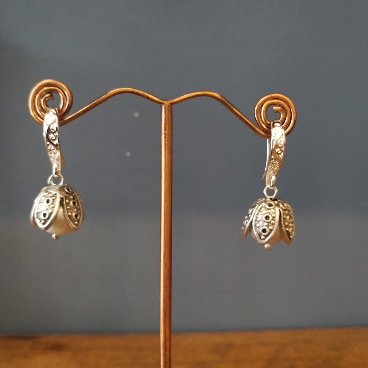 Freshwater Pearl Drop Earrings With Silver Flower Bud Earrings