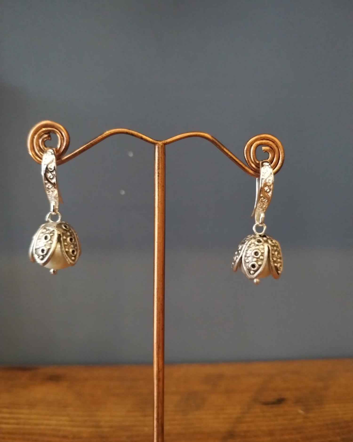 Freshwater Pearl Drop Earrings With Silver Flower Bud Earrings
